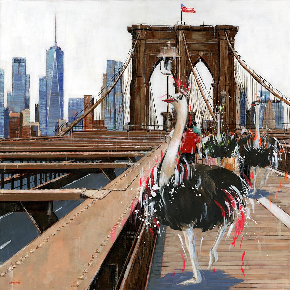 Nathan Neven Animal Painting - Out and About - Original wildlife New York cityscape oil painting-modern art