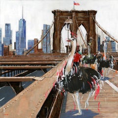 Out and About - Peinture à l'huile originale de paysage urbain new-yorkais - Art moderne