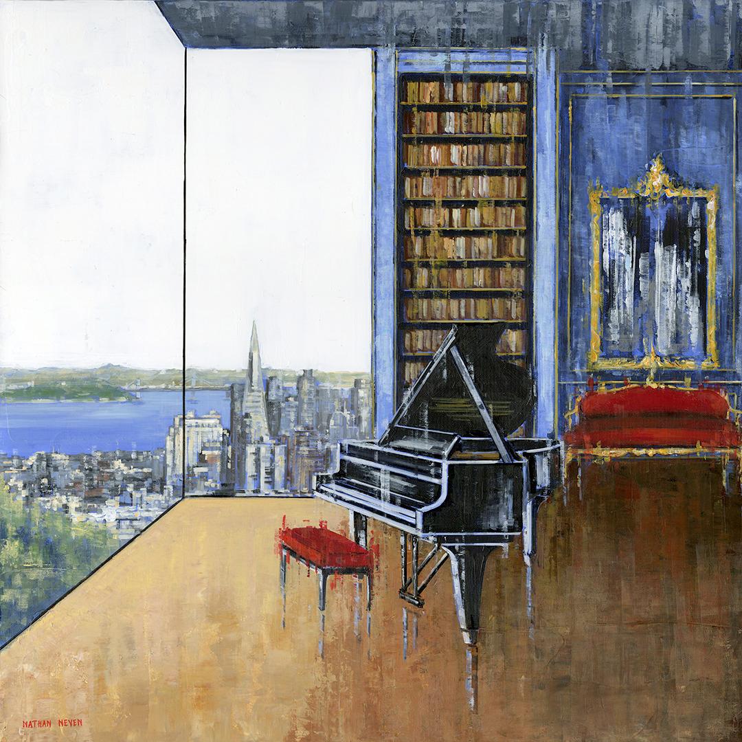Piano and San Francisco - abstract surreal interior oil contemporary painting 