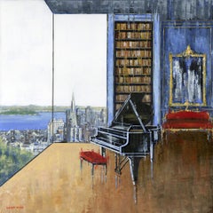 Piano and San Francisco - abstract surreal interior oil painting modern artwork