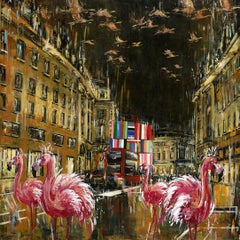 Piccadilly in pink original London England cityscape oil painting Contemporary