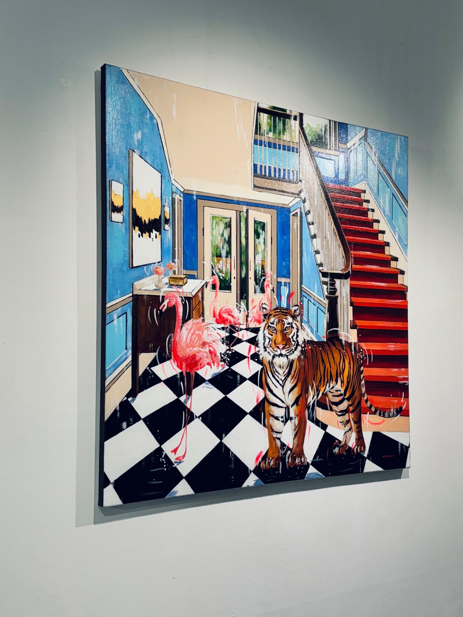 Amici rosa nella casa blu - pittura ad olio originale sulla fauna selvatica - opera d'arte moderna - Painting Espressionismo astratto di Nathan Neven
