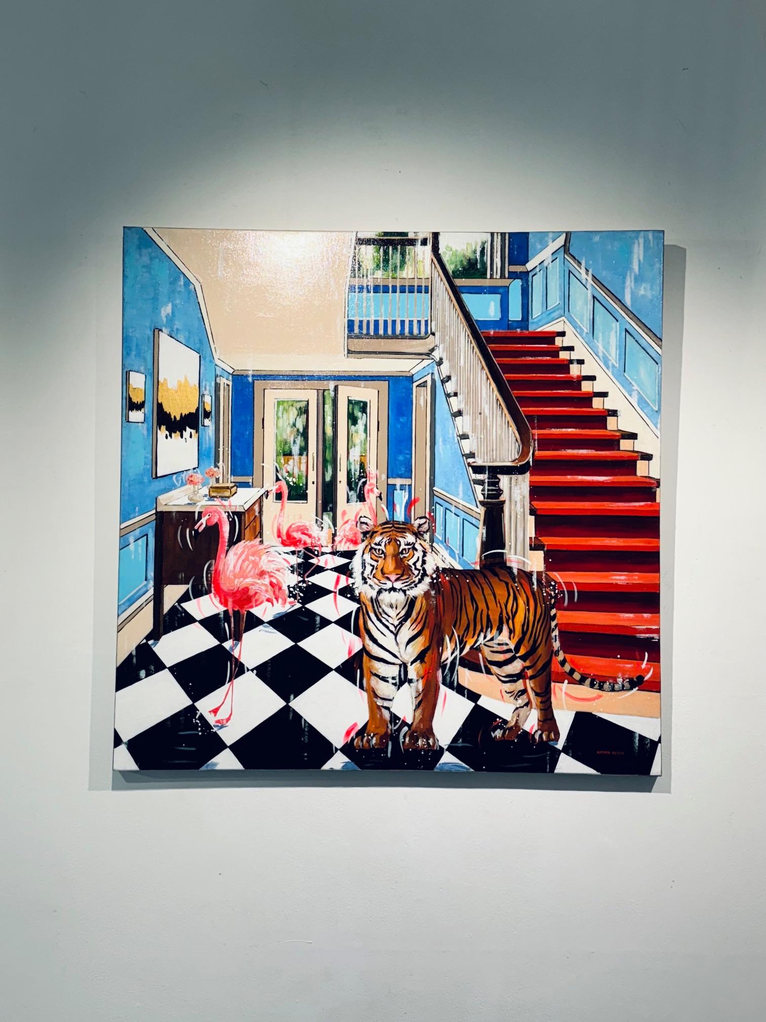 Amici rosa nella casa blu - pittura ad olio originale sulla fauna selvatica - opera d'arte moderna - Animal Painting Grigio di Nathan Neven