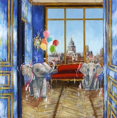 Playful Elephants- original surreal wildlife animal cityscapel oil painting