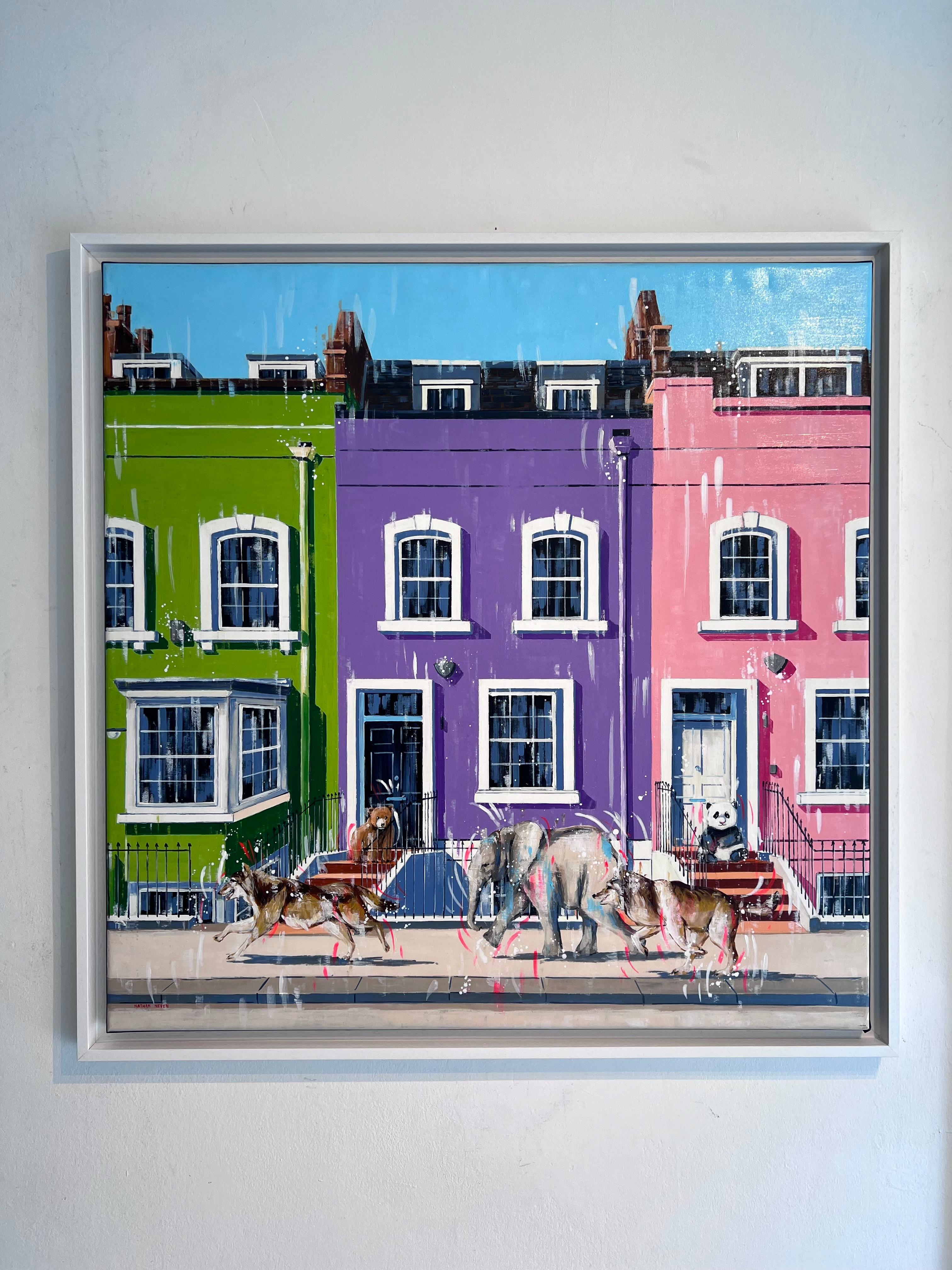 Playground Bywater -original sureal cityscape wildlife painting -œuvre d'art moderne - Painting de Nathan Neven