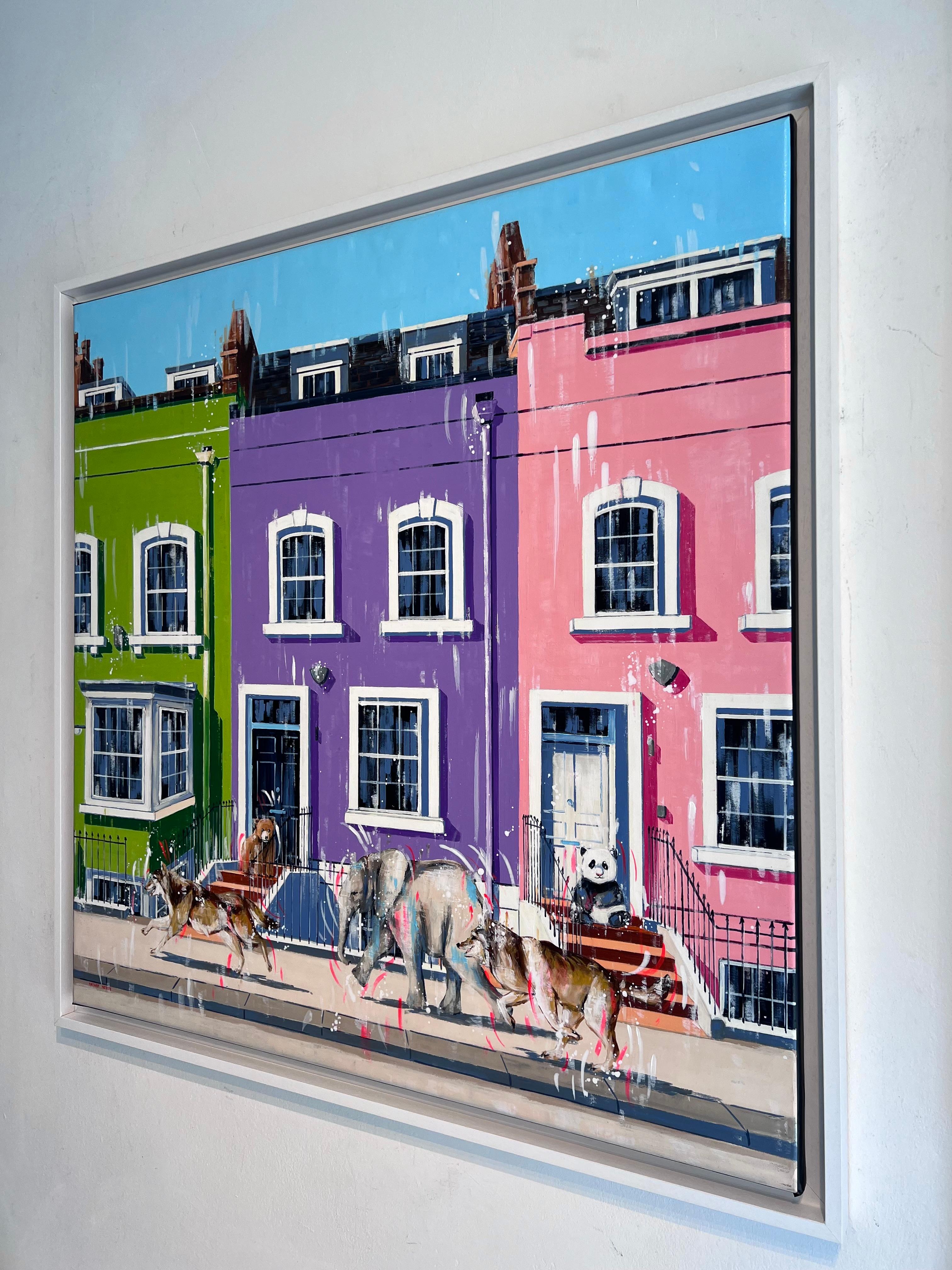 Playground Bywater -original sureal cityscape wildlife painting -œuvre d'art moderne - Expressionnisme abstrait Painting par Nathan Neven