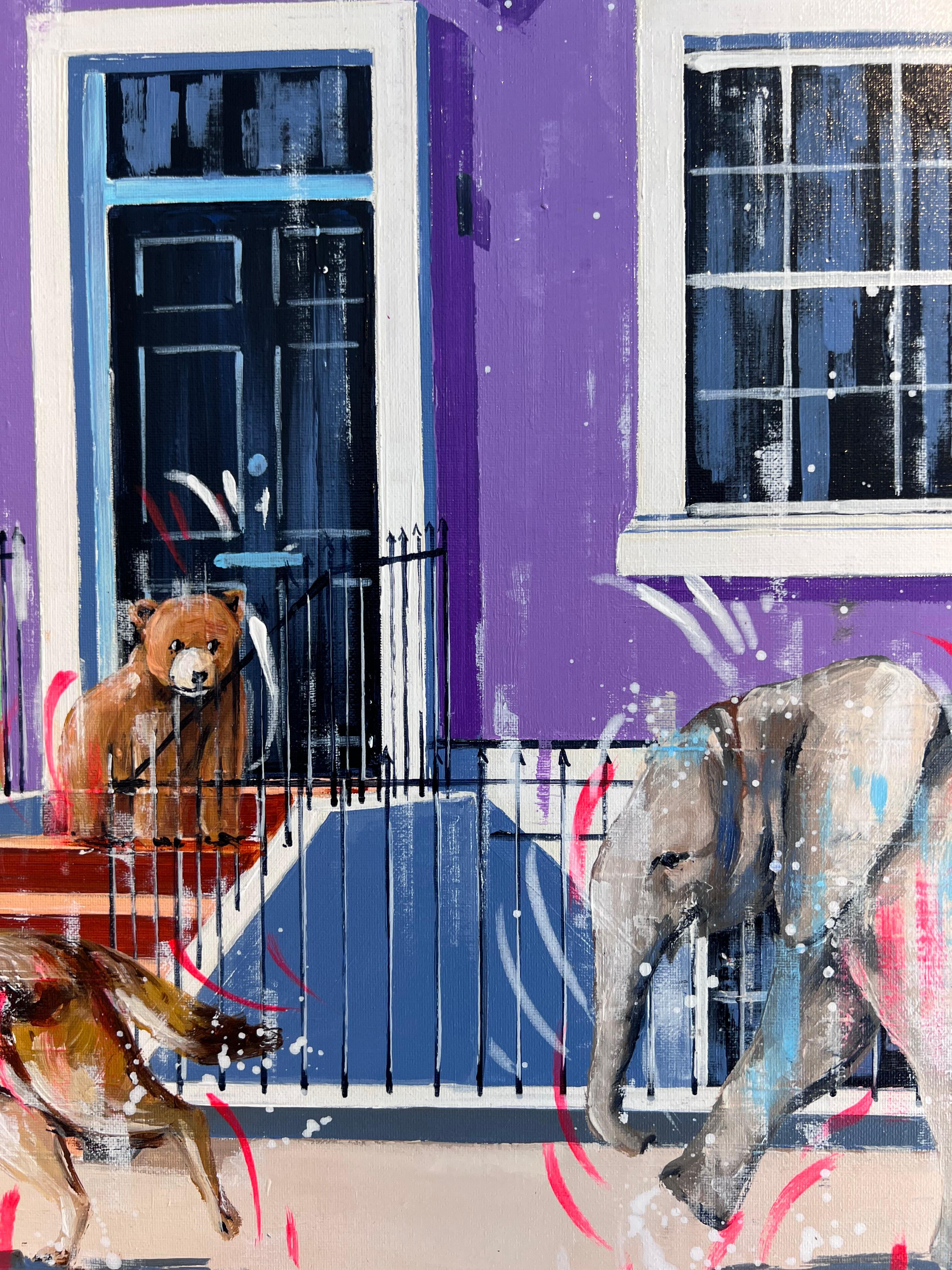 Playground Bywater -original sureal cityscape wildlife painting -œuvre d'art moderne - Gris Animal Painting par Nathan Neven