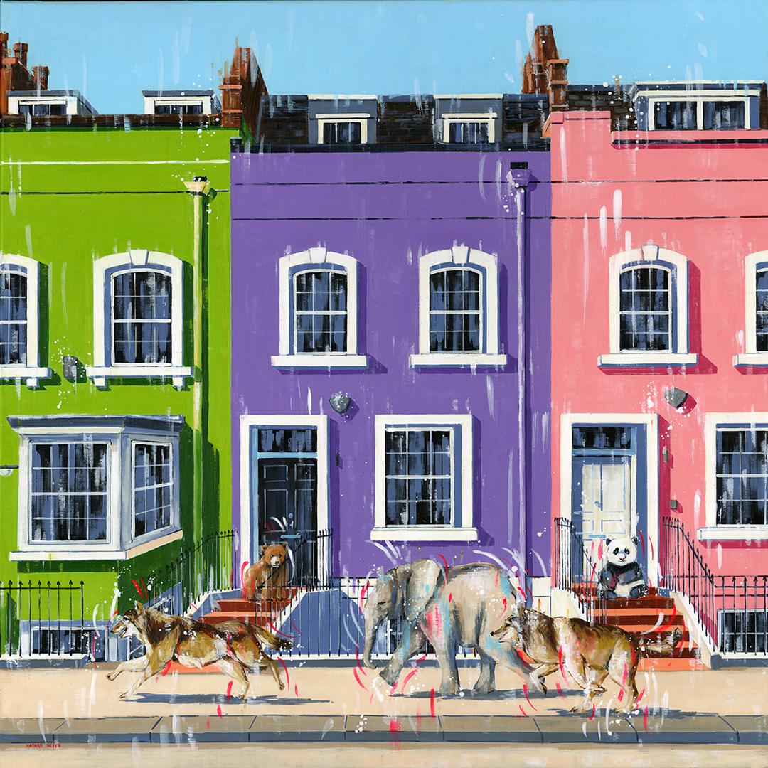 Playground Bywater -original sureal cityscape wildlife painting -œuvre d'art moderne