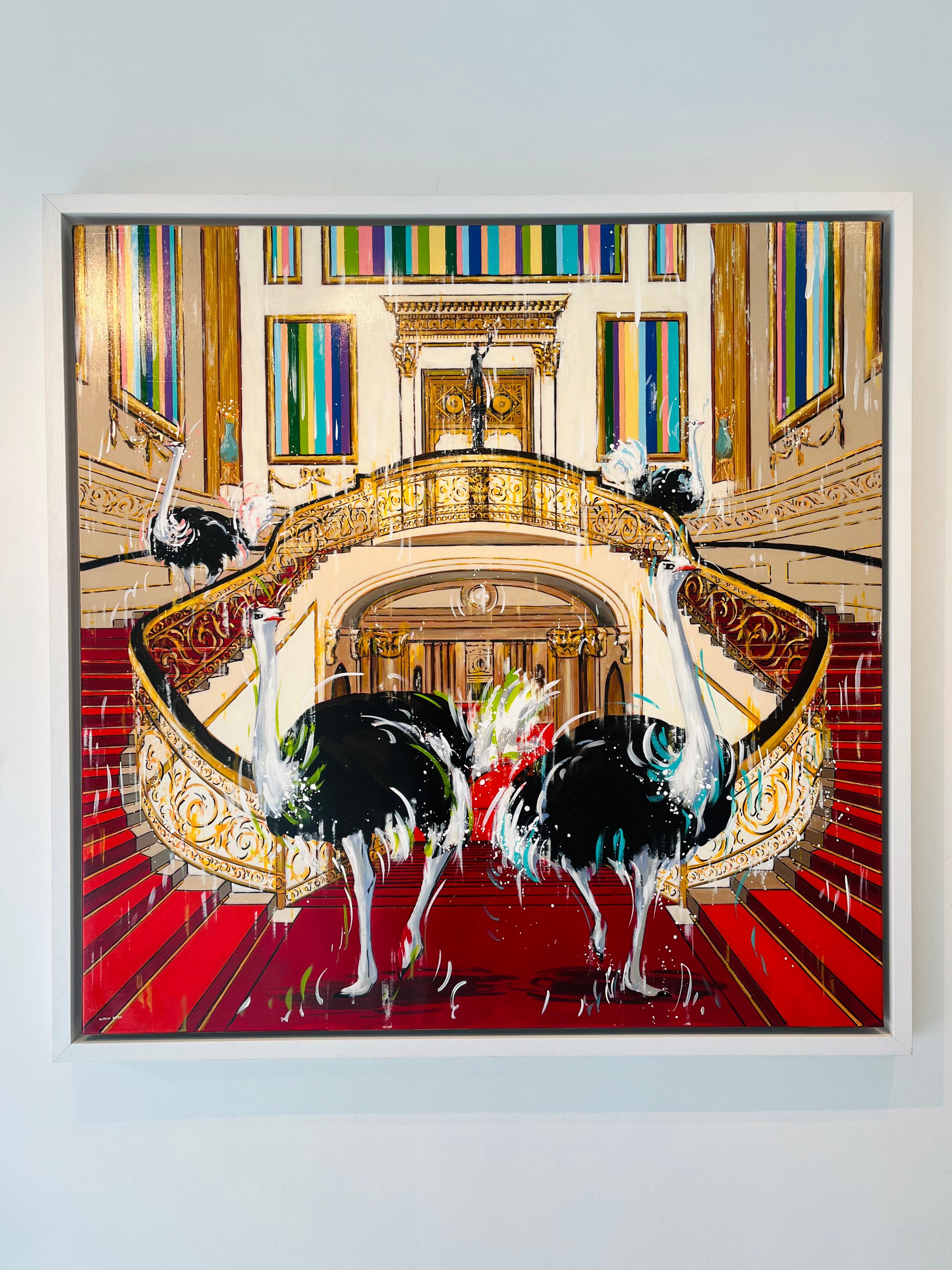 Struzzo reale rosso di Buckingham Palace - pittura a olio originale di animali selvatici in interni - Arte - Painting di Nathan Neven