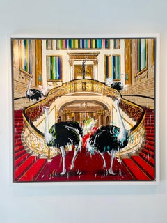 Avestruz real roja Palacio de Buckingham -pintado al óleo original de la vida salvaje interior-Arte