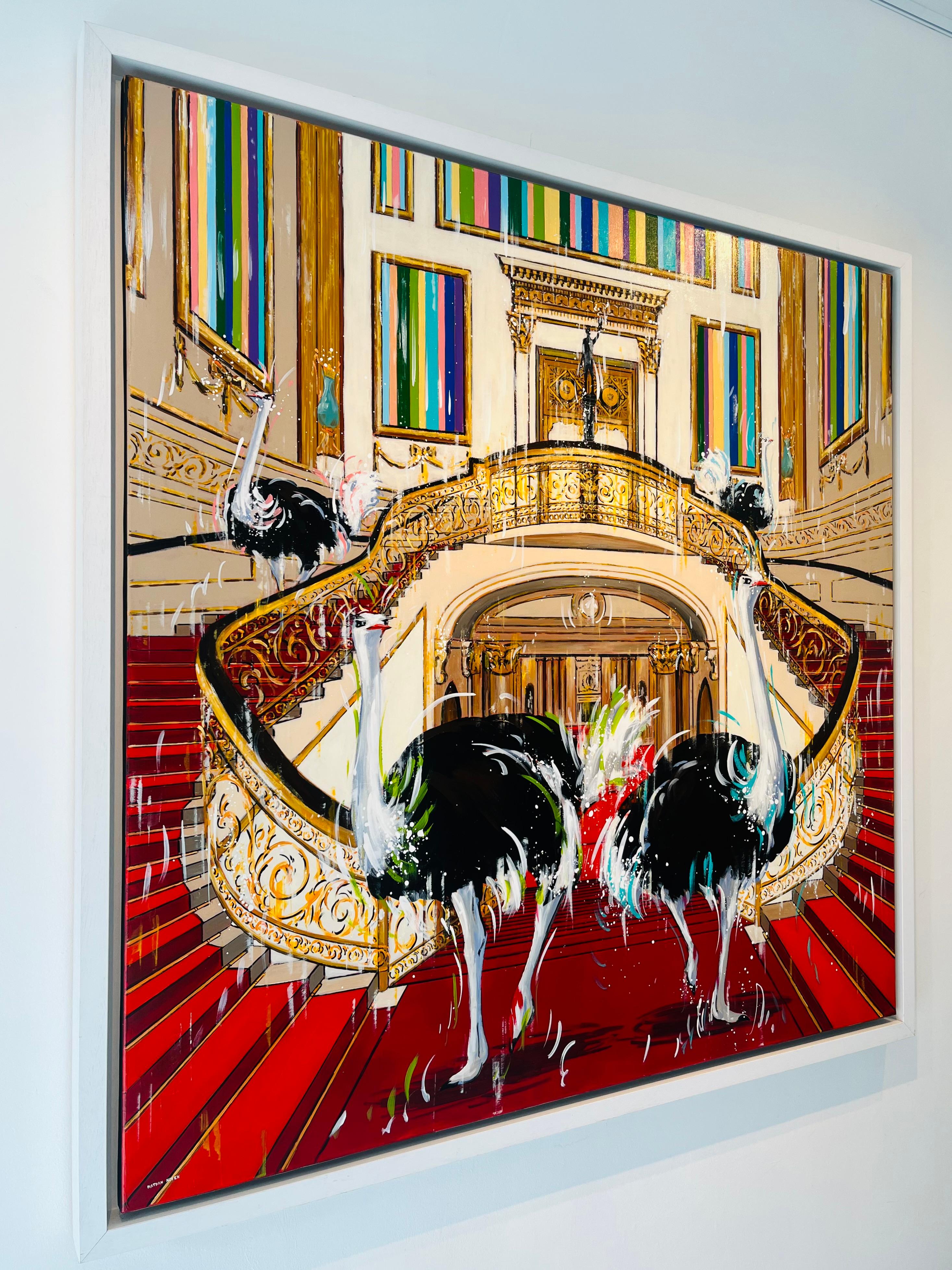 Red Royal Ostrich Buckingham Palace -original interior wildlife oil painting-Art - Surrealist Painting by Nathan Neven
