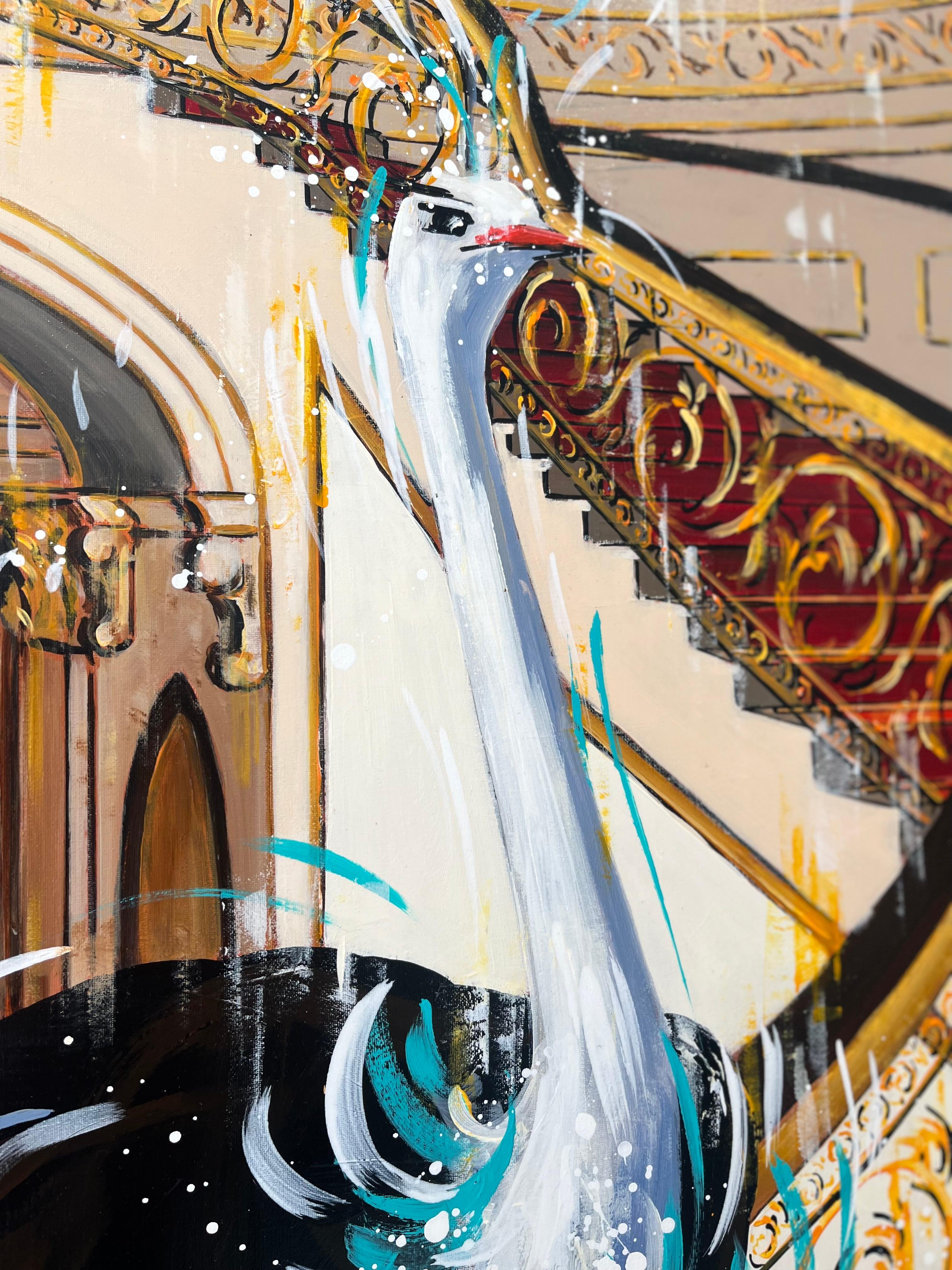 Red Royal Ostrich Buckingham Palace -original interior wildlife oil painting-Art - Beige Interior Painting by Nathan Neven