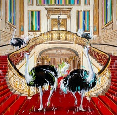 Le palais de Buckingham en autruche royale rouge - peinture à l'huile originale d'intérieur - faune sauvage