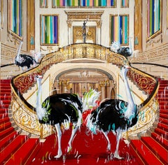 Avestruz real roja Palacio de Buckingham -pintado al óleo original de la vida salvaje interior-Arte