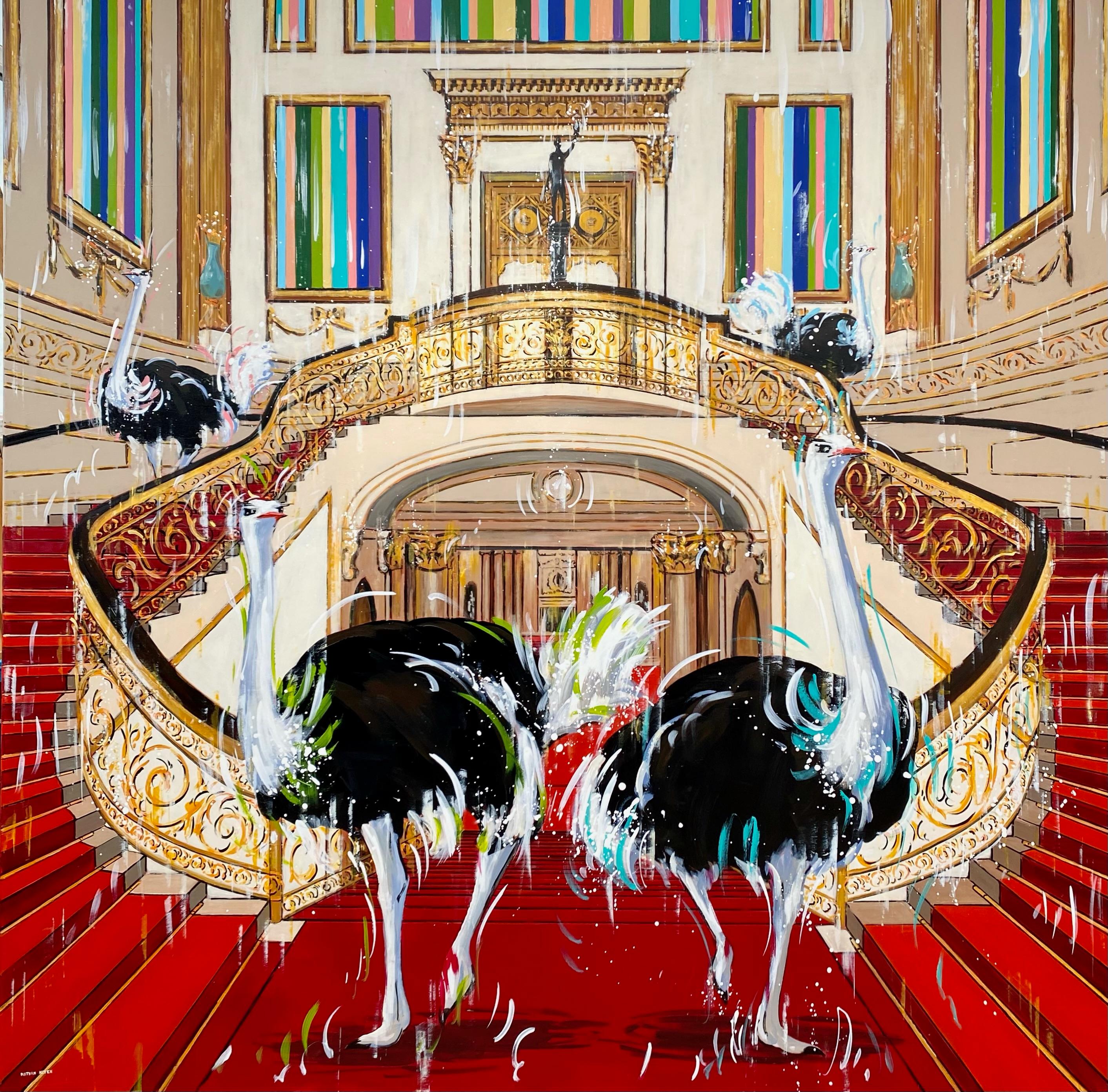 Roter königlicher Strauß Buckingham Palace – Original-Ölgemälde der Tierwelt in Rot – Kunst