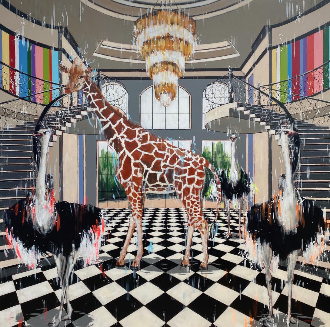 Nathan Neven Animal Painting – Right by You – Originalgemälde surrealer Wildtier in Innenräumen – moderne Kunst