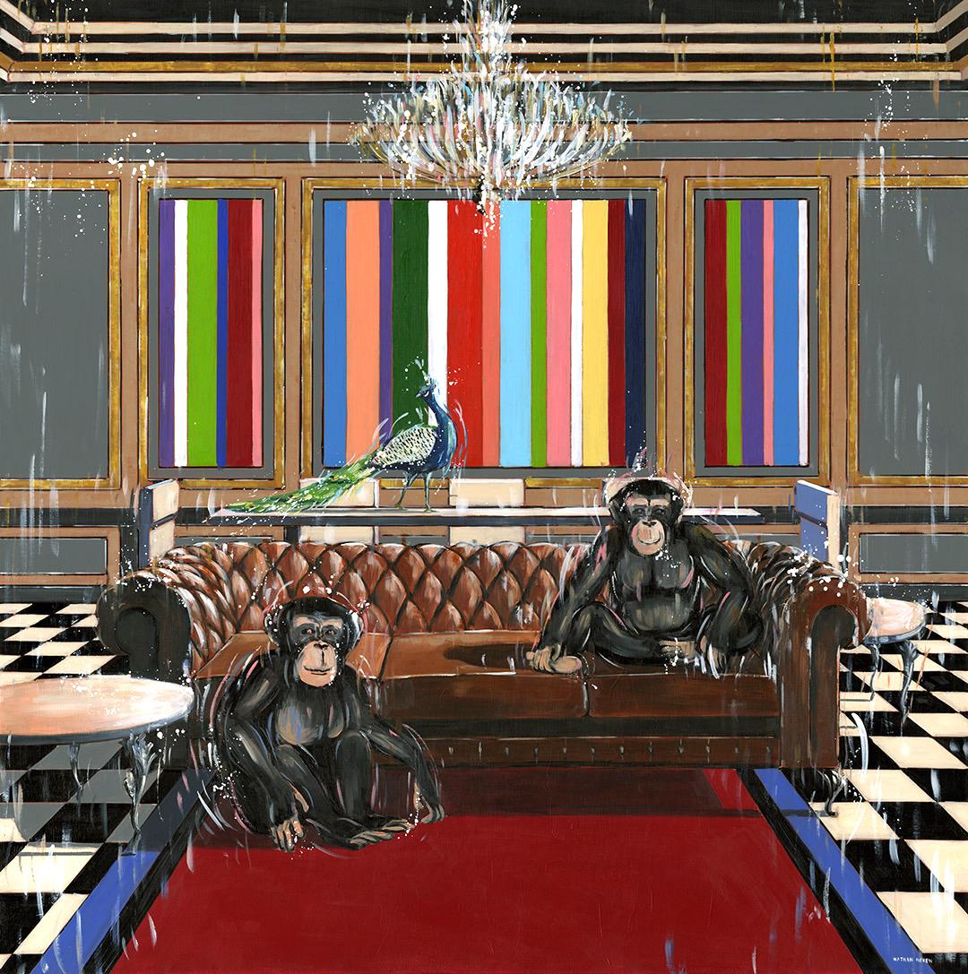 Nathan Neven Animal Painting – Sapient Business-original abstraktes, surreales, surreales Ölgemälde mit Tierwelt-moderne Kunst