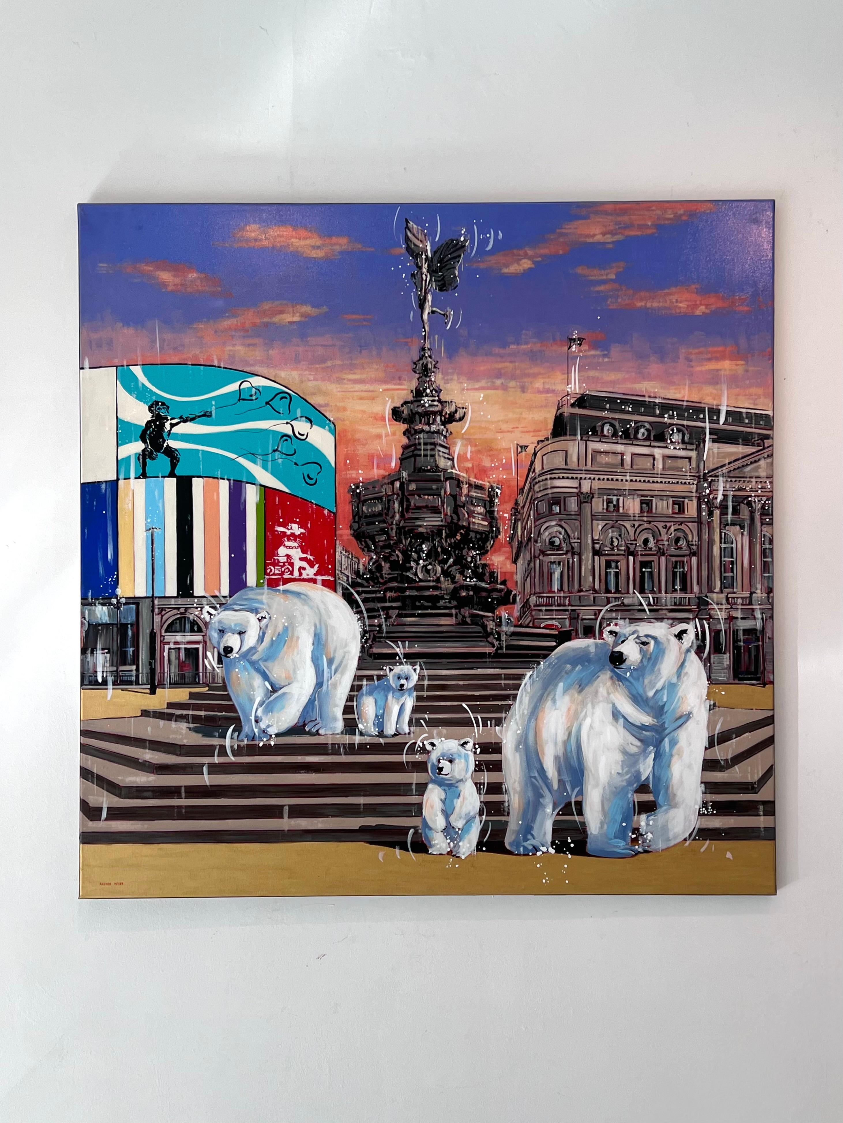Shaftesbury Fountain-original surreal cityscape painting- contemporary art - Abstract Expressionist Painting by Nathan Neven