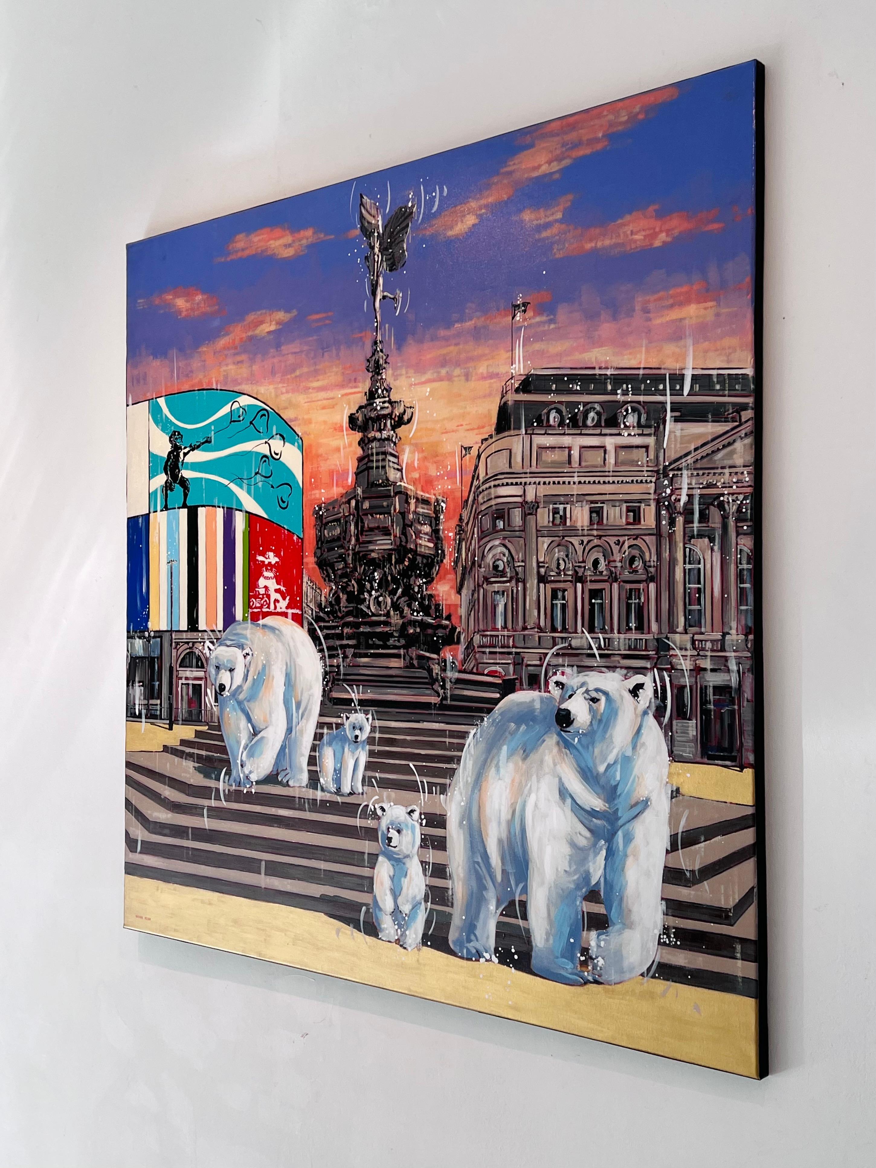 In “Shaftesbury Fountain,” Nathan Neven reimagines a beloved London landmark with a whimsical twist, blending reality with playful fantasy. The iconic Shaftesbury Fountain becomes the stage for an enchanting scene where two adult polar bears,