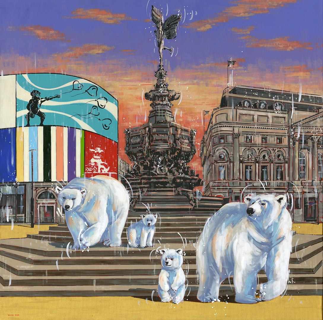 Fontaine de Shaftesbury - peinture originale surréaliste d'un paysage urbain - art contemporain