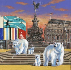 Fontaine de Shaftesbury - peinture originale surréaliste d'un paysage urbain - art contemporain