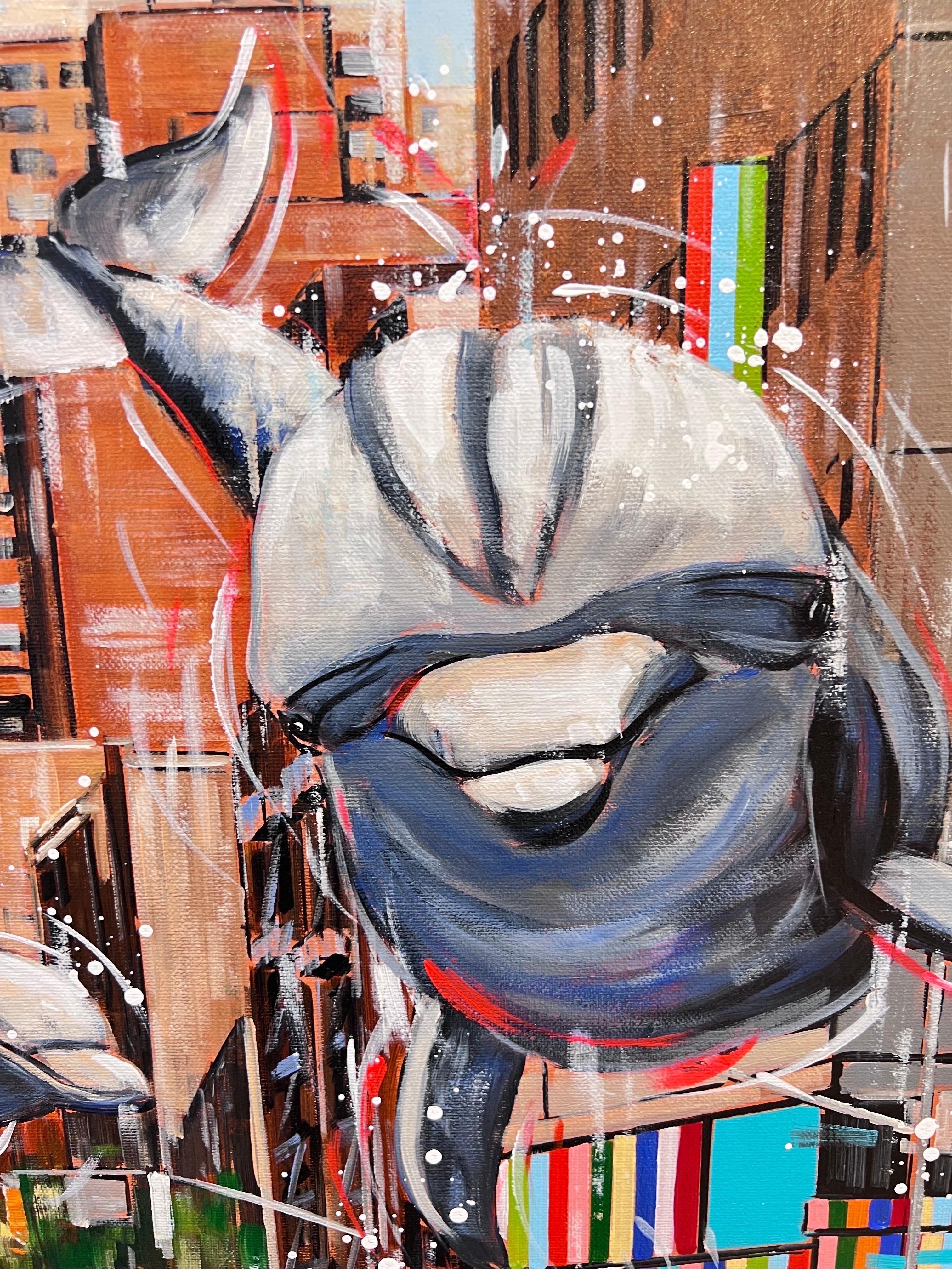 Sleek City Swimmers-original New York Cityscape-peinture animalière-contemporaine - Painting de Nathan Neven