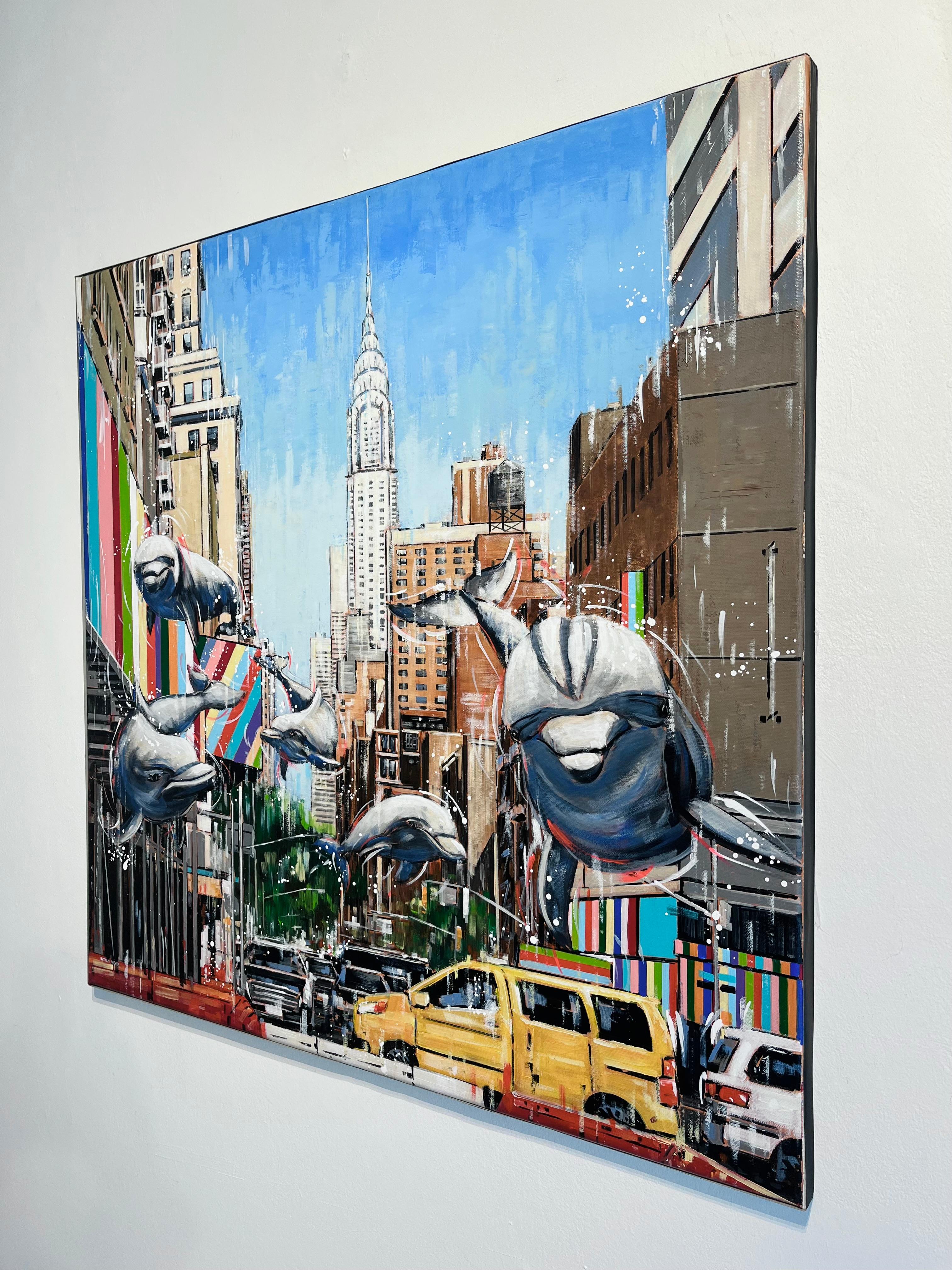Sleek City Swimmers-original New York Cityscape-peinture animalière-contemporaine - Expressionnisme abstrait Painting par Nathan Neven