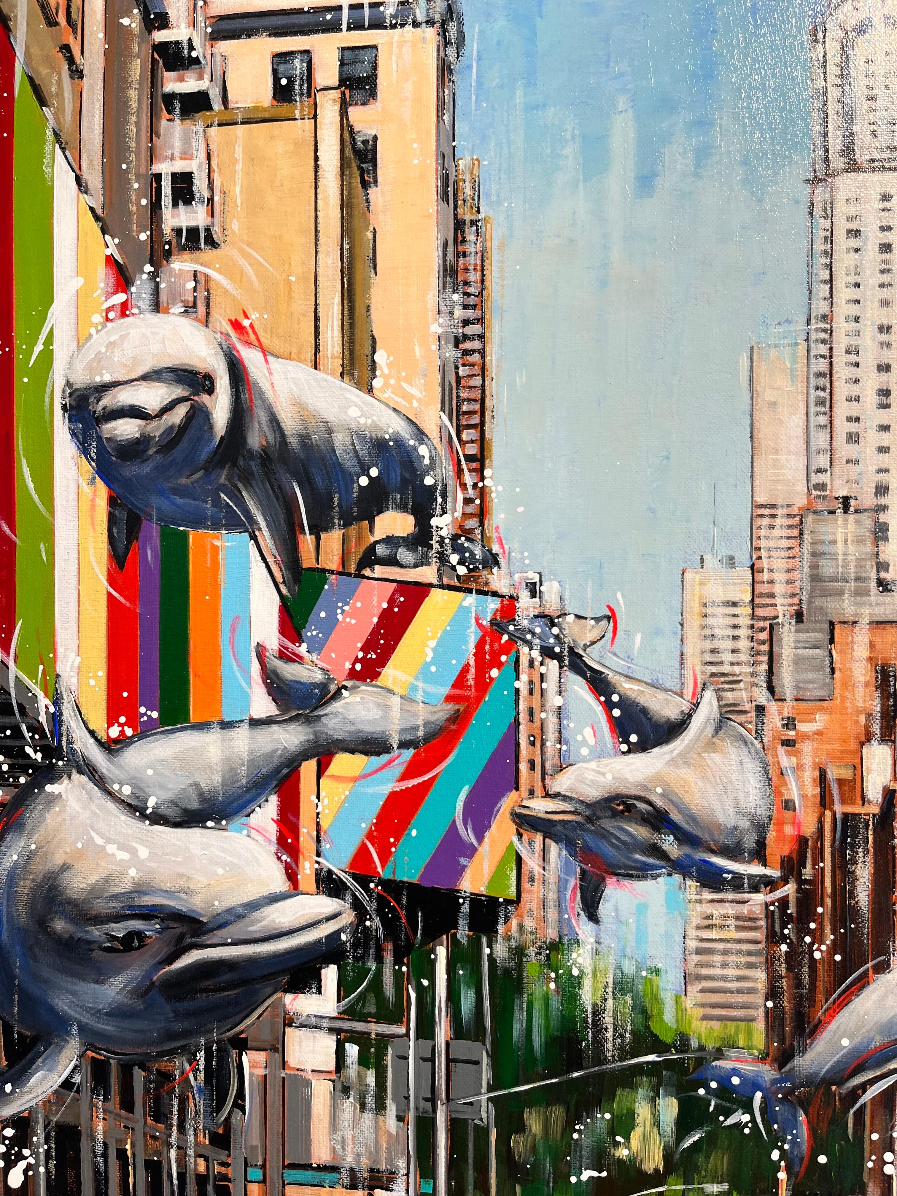 Sleek City Swimmers-original New York Cityscape-peinture animalière-contemporaine - Gris Animal Painting par Nathan Neven