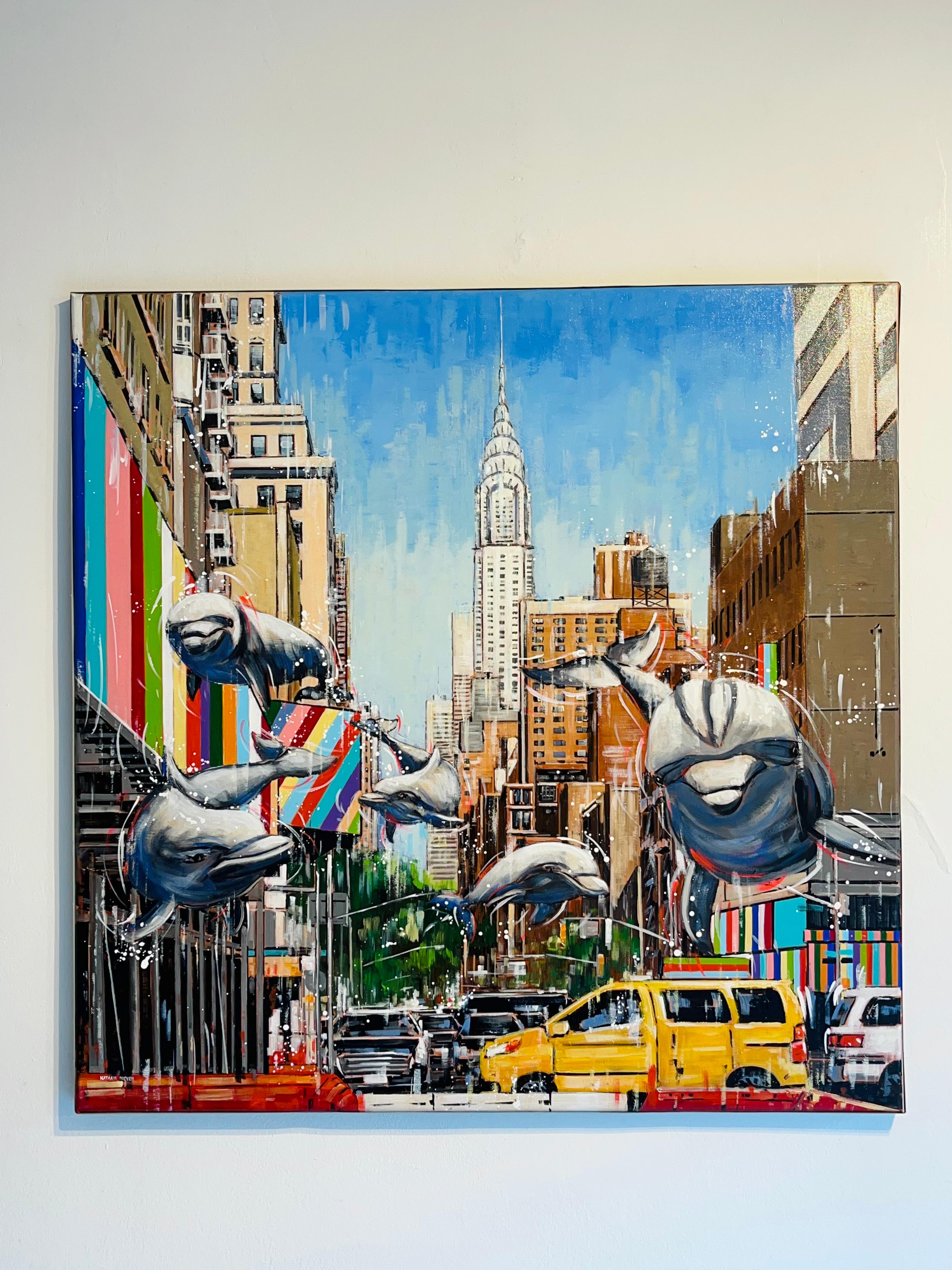 Sleek City Swimmers-original New York Cityscape-wildlife painting-contemporary  For Sale 1