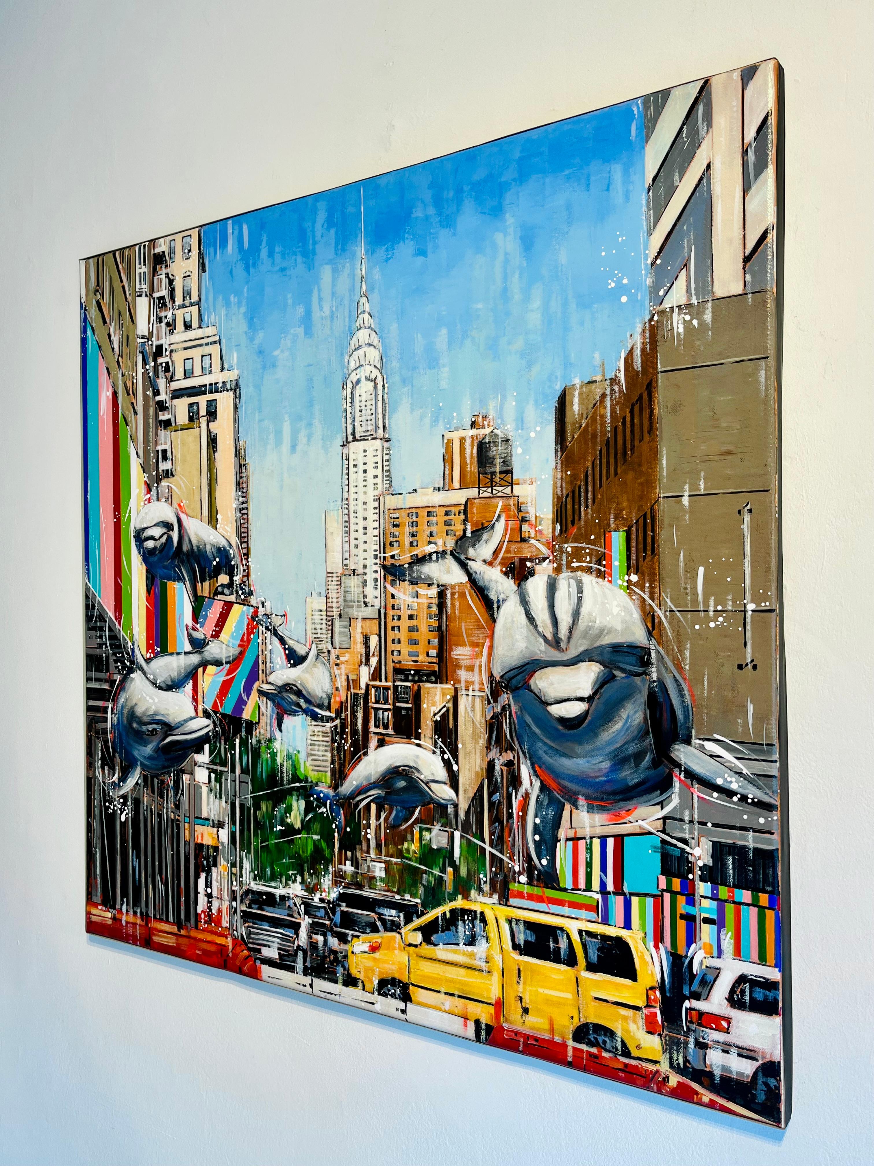 Sleek City Swimmers-original New York Cityscape-peinture animalière-contemporaine en vente 1