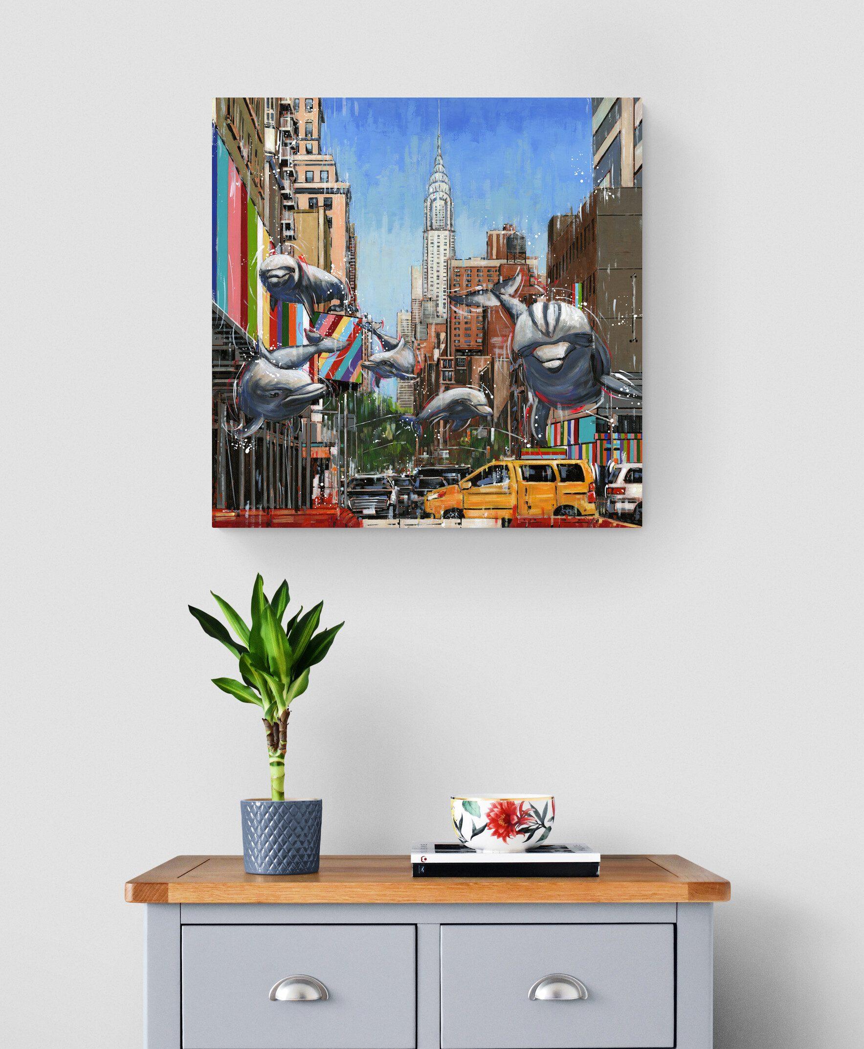 Sleek City Swimmers-original New York Cityscape-wildlife painting-contemporary  For Sale 3