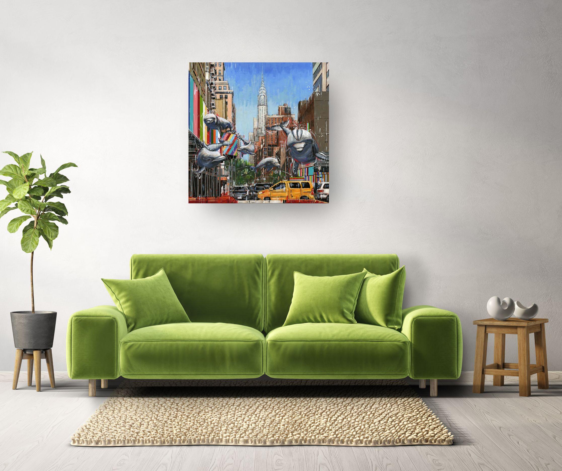 Sleek City Swimmers-original New York Cityscape-wildlife painting-contemporary For Sale 2