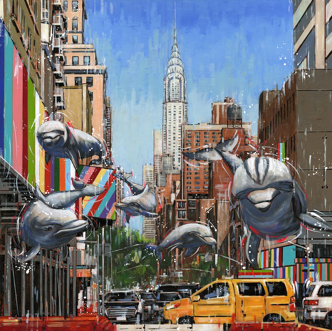 Nathan Neven Landscape Painting - Sleek City Swimmers-original New York Cityscape-wildlife painting-contemporary 
