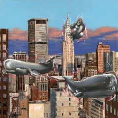 Taking Over The City - surreal wildlife animal cityscape original oil painting