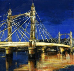 The Albert Bridge by Night Chelsea - cityscape landscape painting contemporary