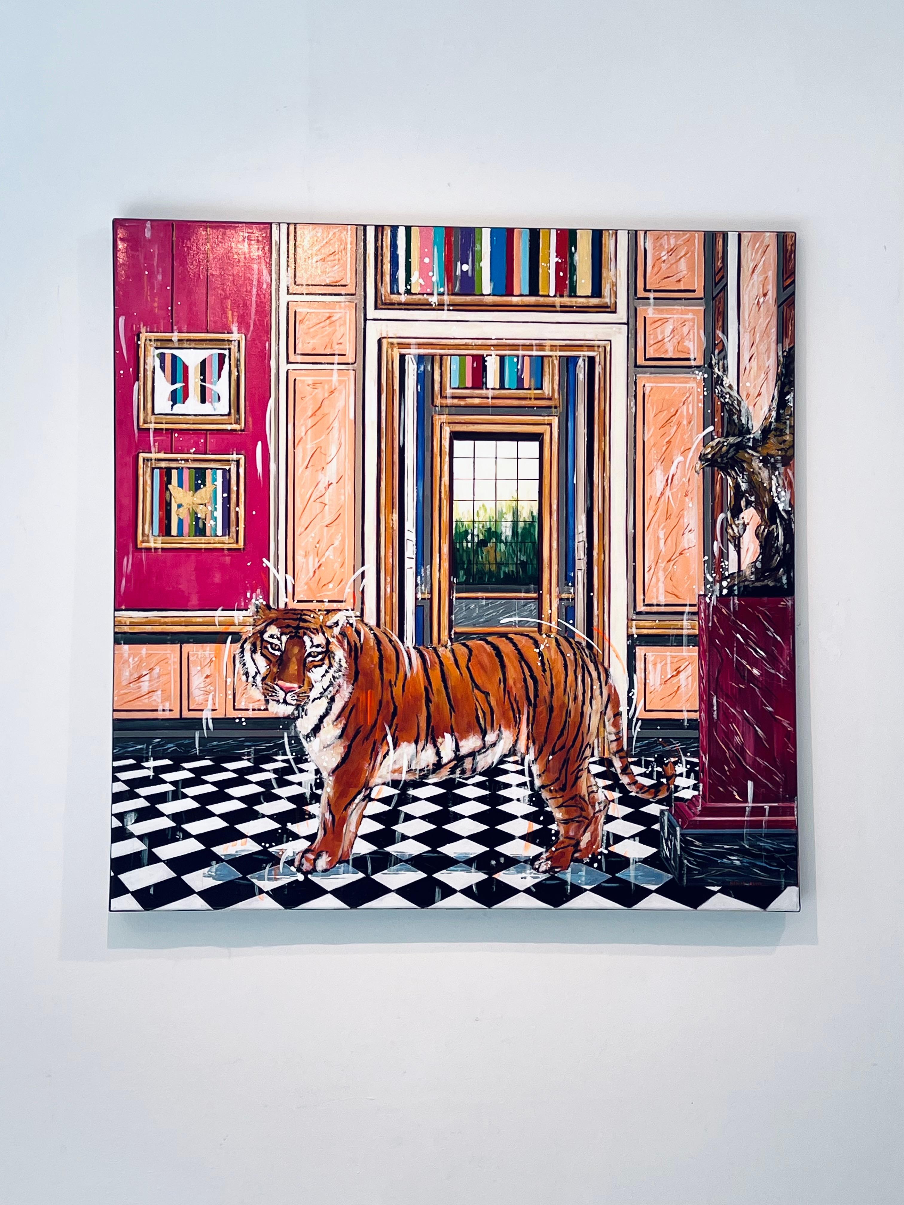 Tiger und Adler- Original Interieur surreale Tierwelt Ölgemälde-moderne Kunst – Painting von Nathan Neven