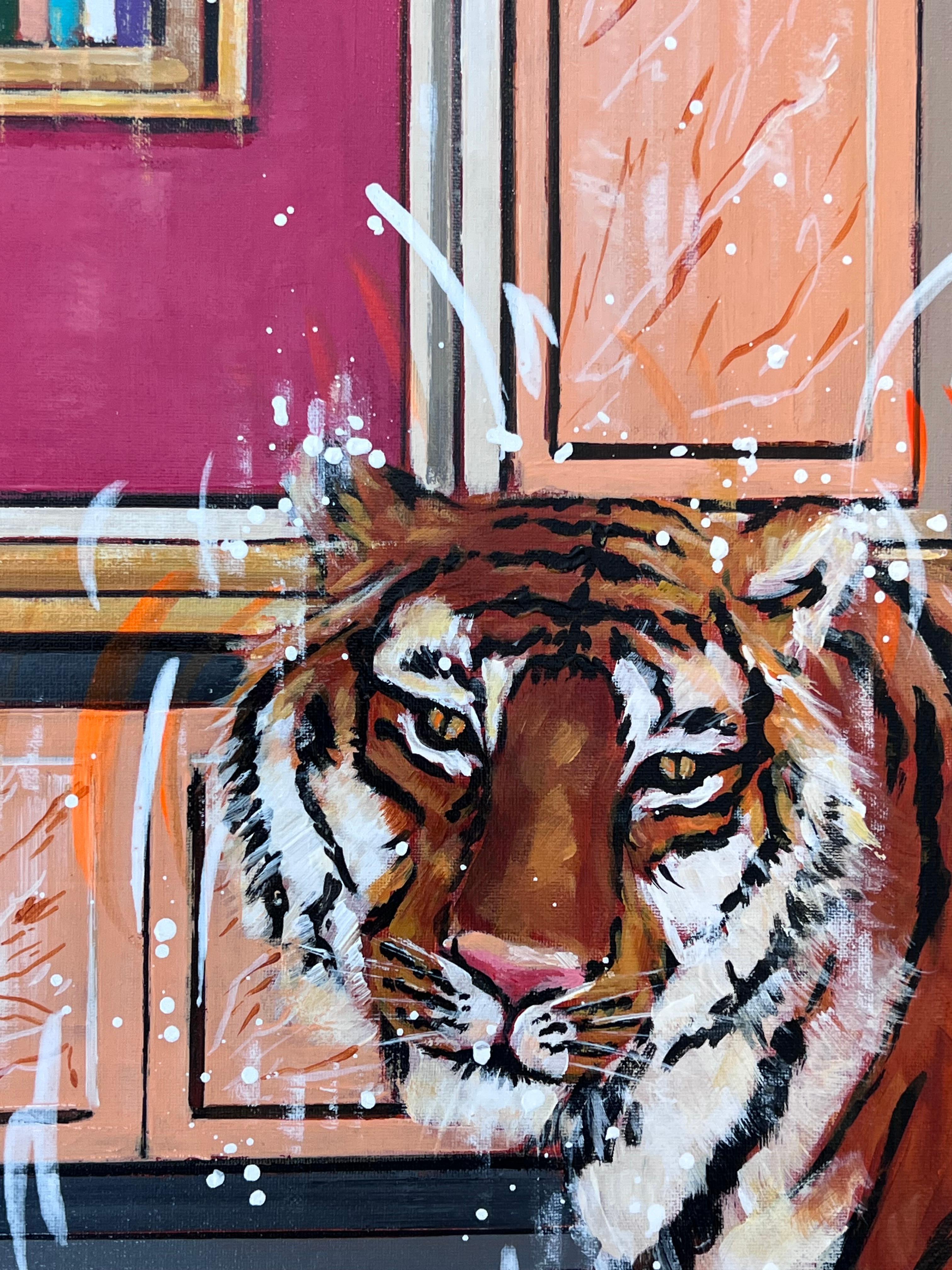 Tigre e aquila - pittura ad olio surreale di fauna selvatica originale per interni - arte moderna - Painting Espressionismo astratto di Nathan Neven