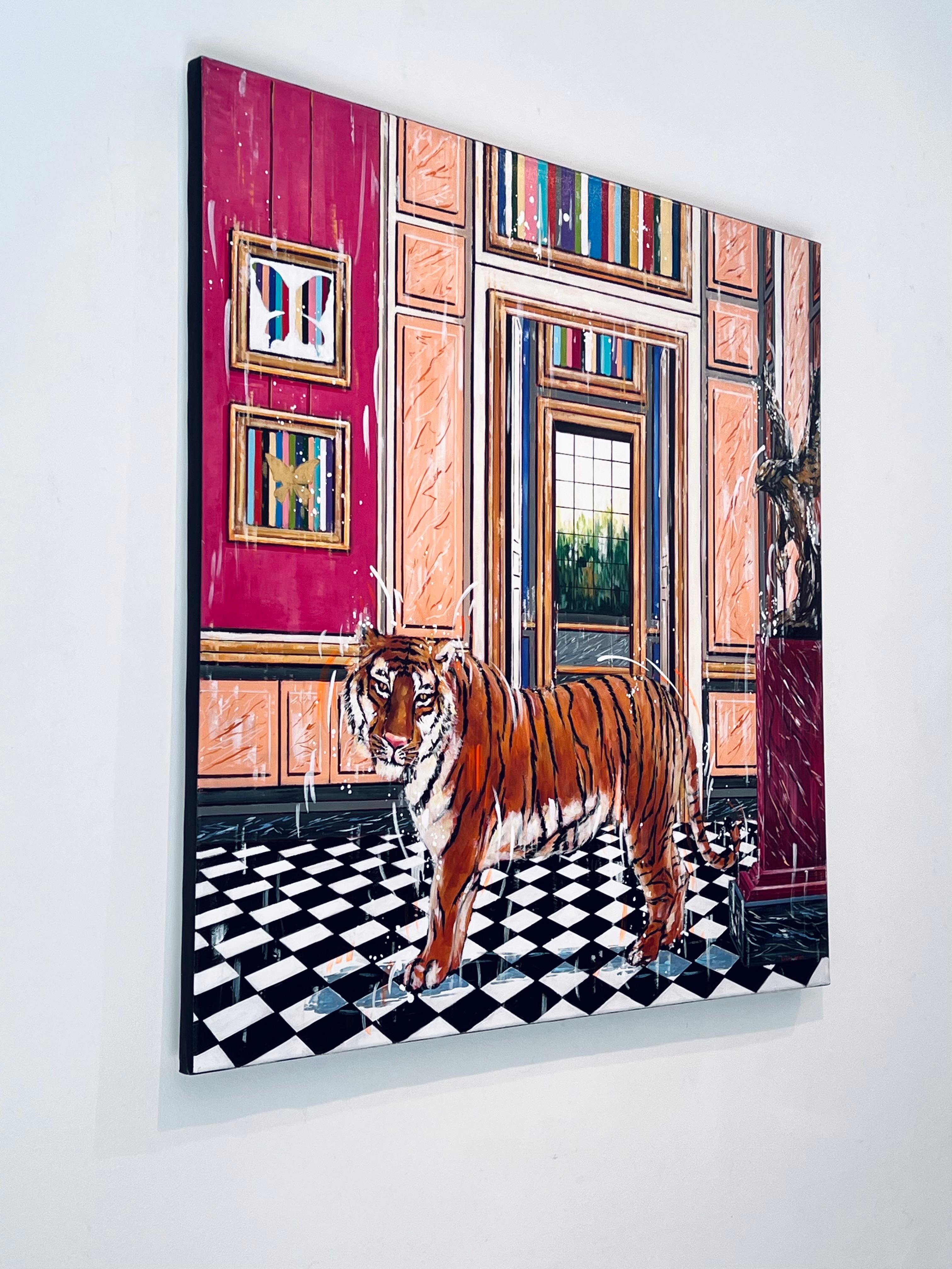 Tigre e aquila - pittura ad olio surreale di fauna selvatica originale per interni - arte moderna - Interior Painting Marrone di Nathan Neven