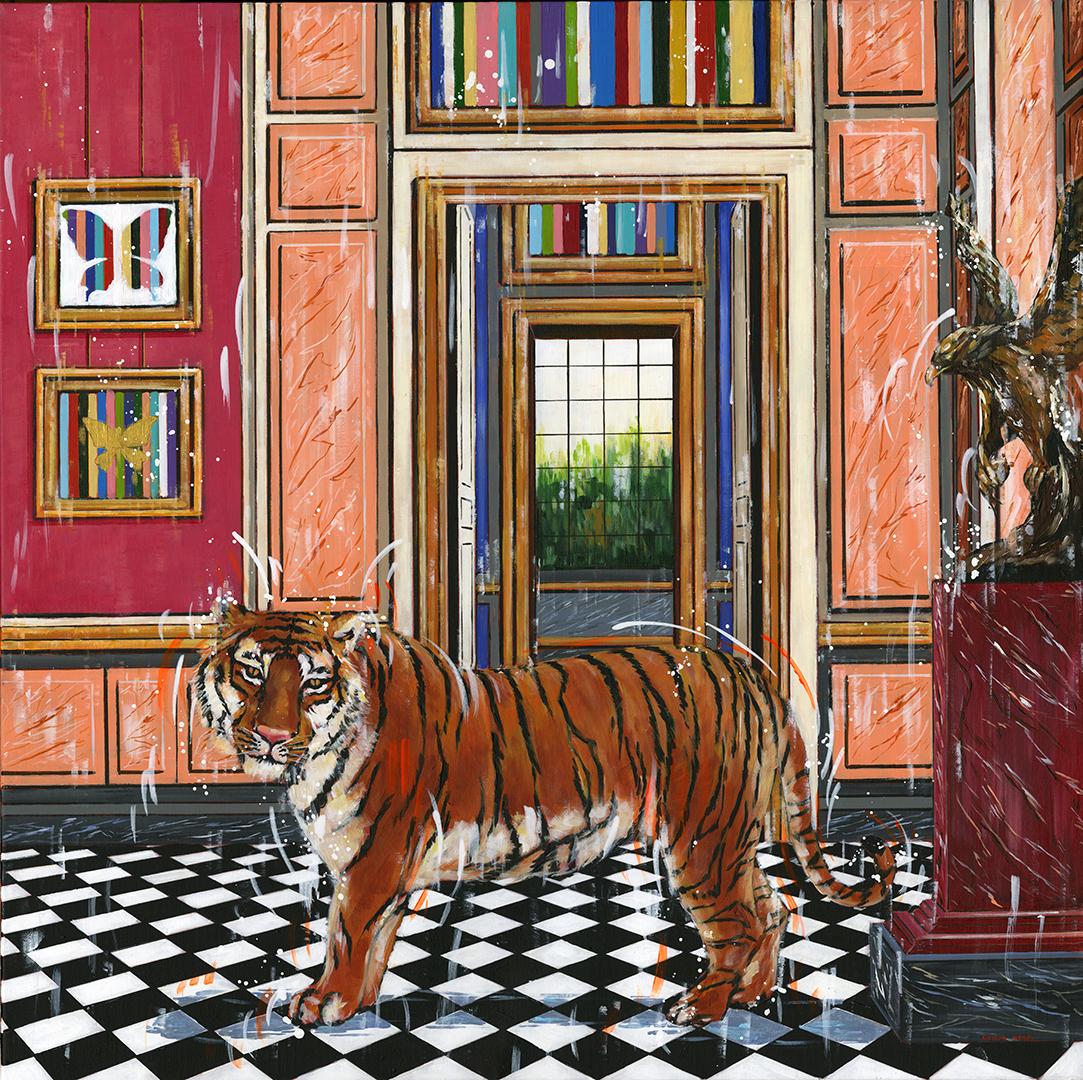 Nathan Neven Interior Painting – Tiger und Adler- Original Interieur surreale Tierwelt Ölgemälde-moderne Kunst