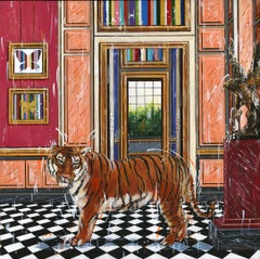 Tigre y águila- pintura al óleo surrealista original de la fauna interior-arte moderno
