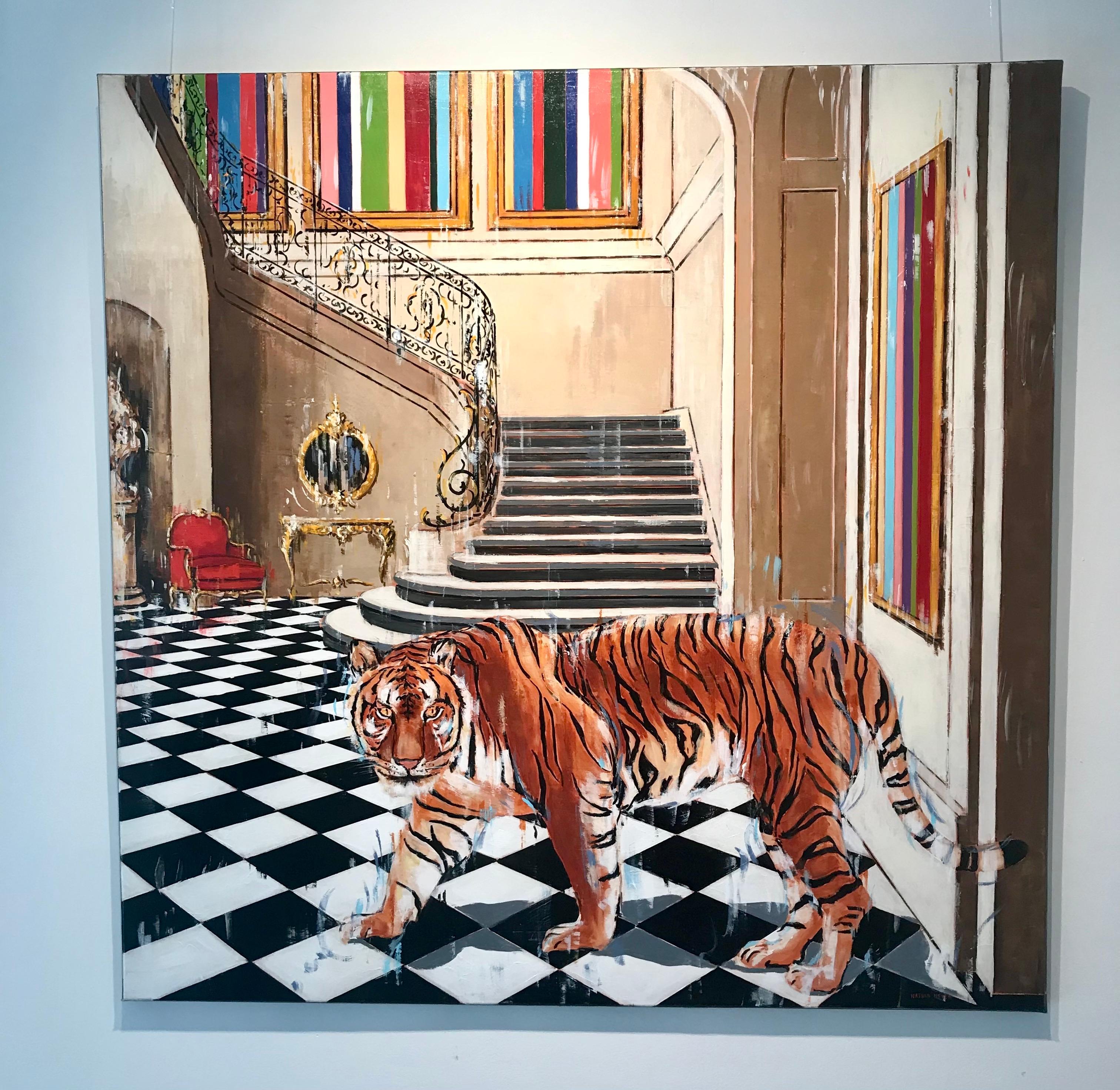 Tiger Inside - cityscape landscape interior wildlife oil painting contemporary - Painting by Nathan Neven
