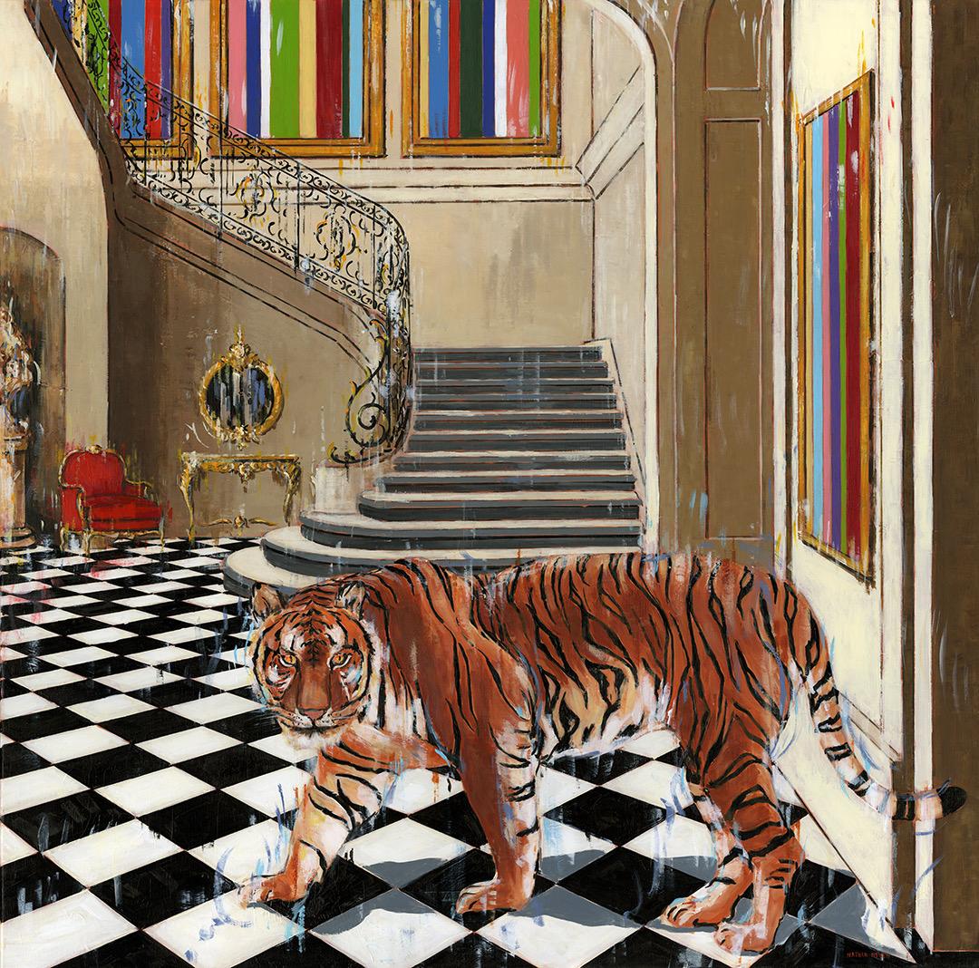 Nathan Neven Animal Painting - Tiger Inside - cityscape landscape interior wildlife oil painting contemporary