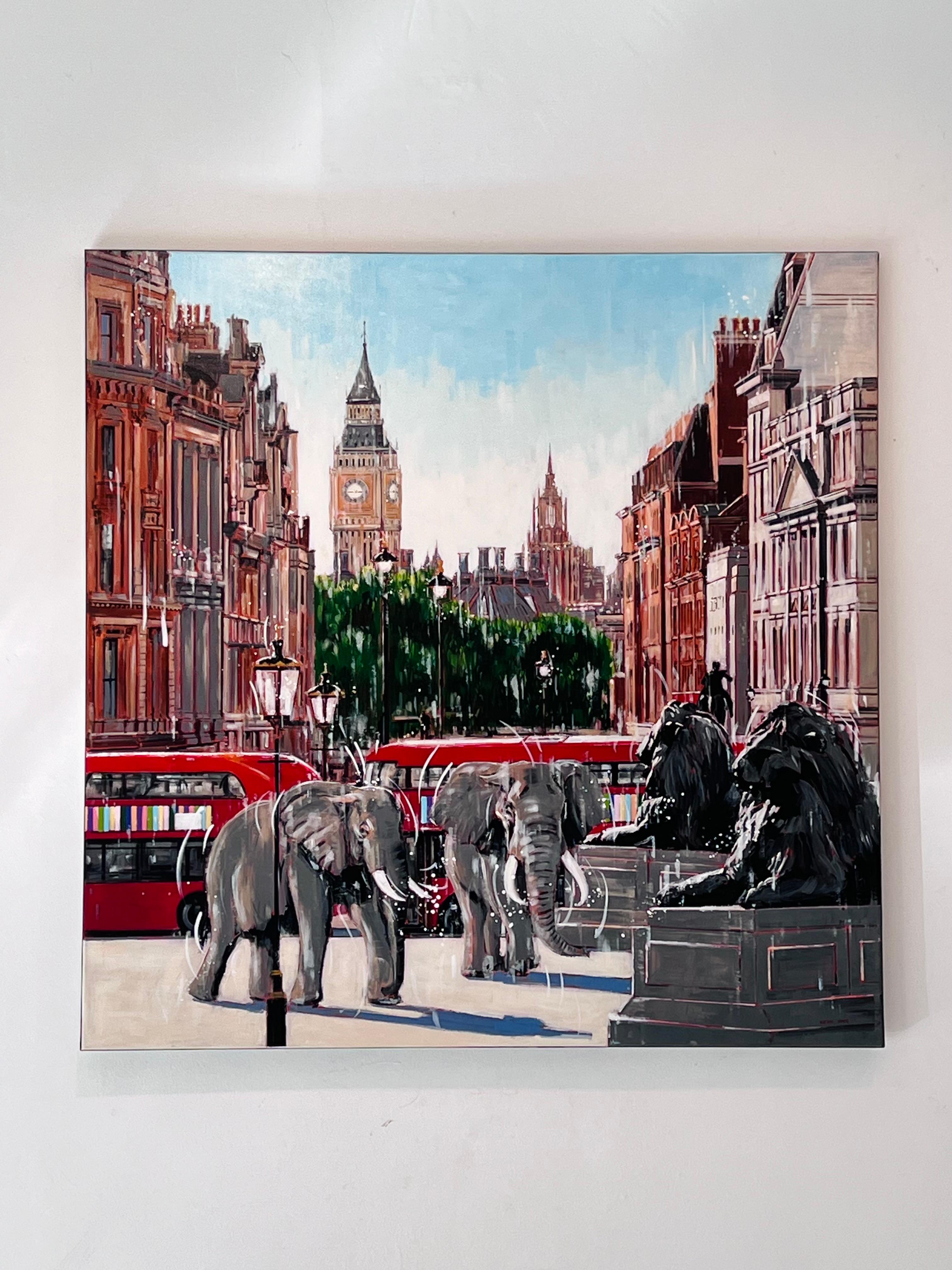 Trafalgar Square - peinture originale surréaliste d'un paysage urbain - art contemporain - Painting de Nathan Neven