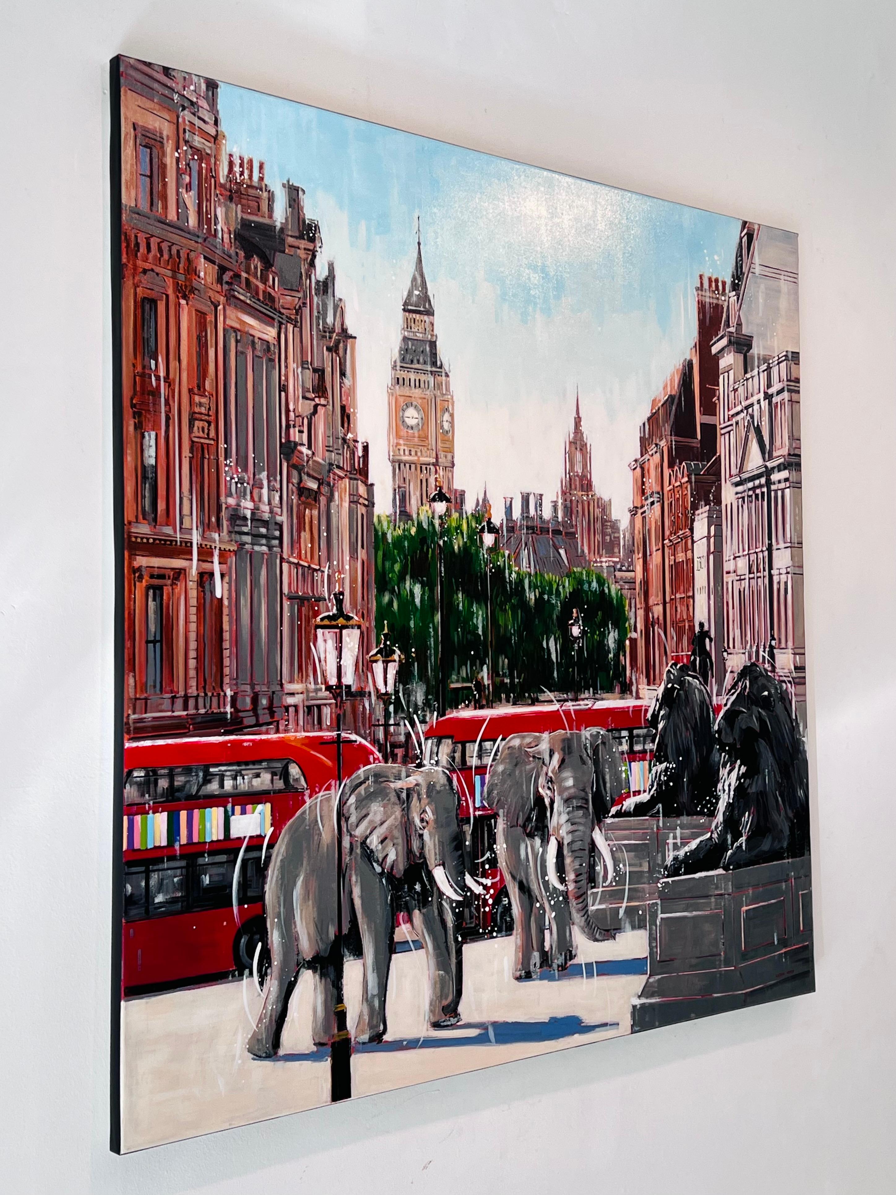 Trafalgar Square - peinture originale surréaliste d'un paysage urbain - art contemporain - Expressionnisme abstrait Painting par Nathan Neven