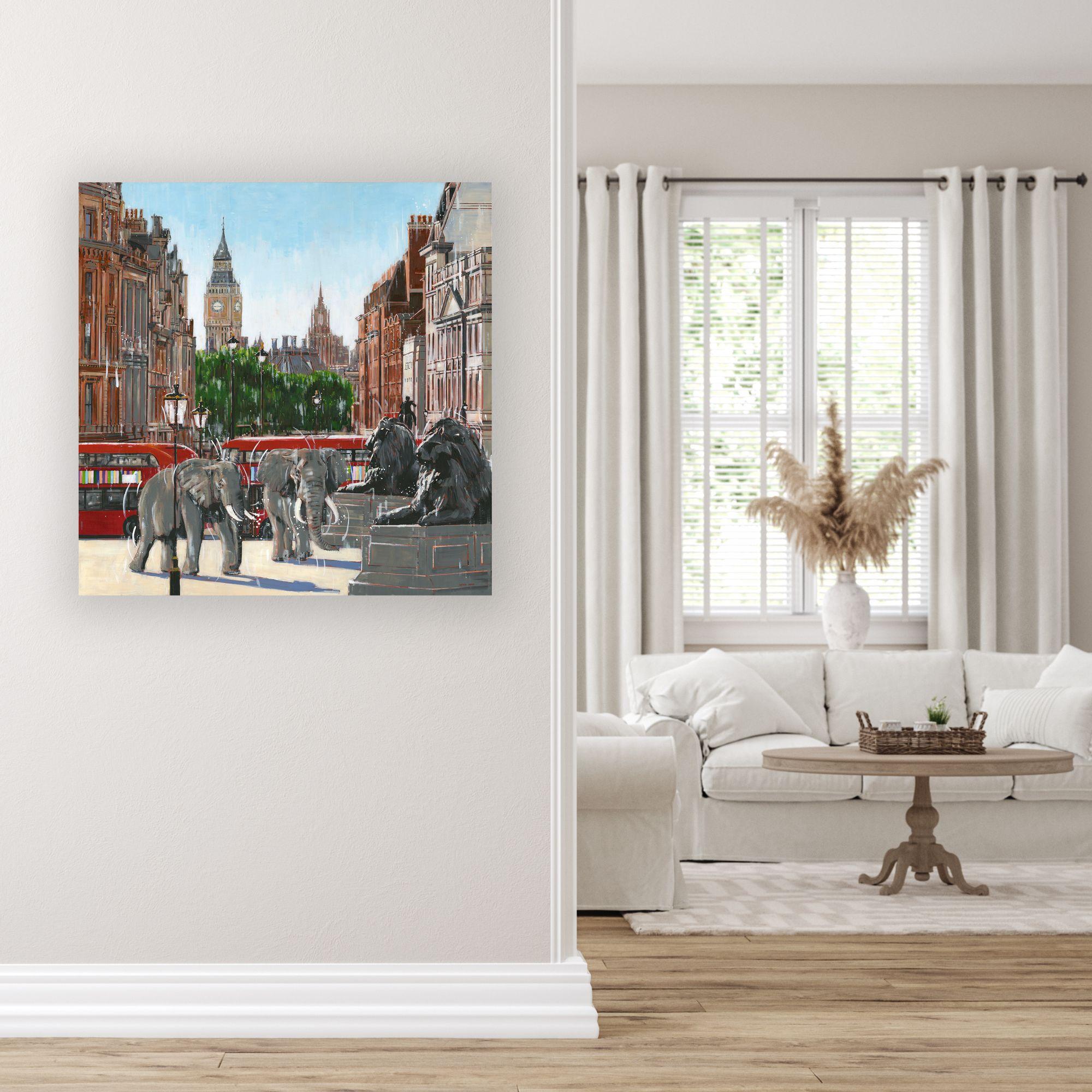 Trafalgar Square - peinture originale surréaliste d'un paysage urbain - art contemporain en vente 1