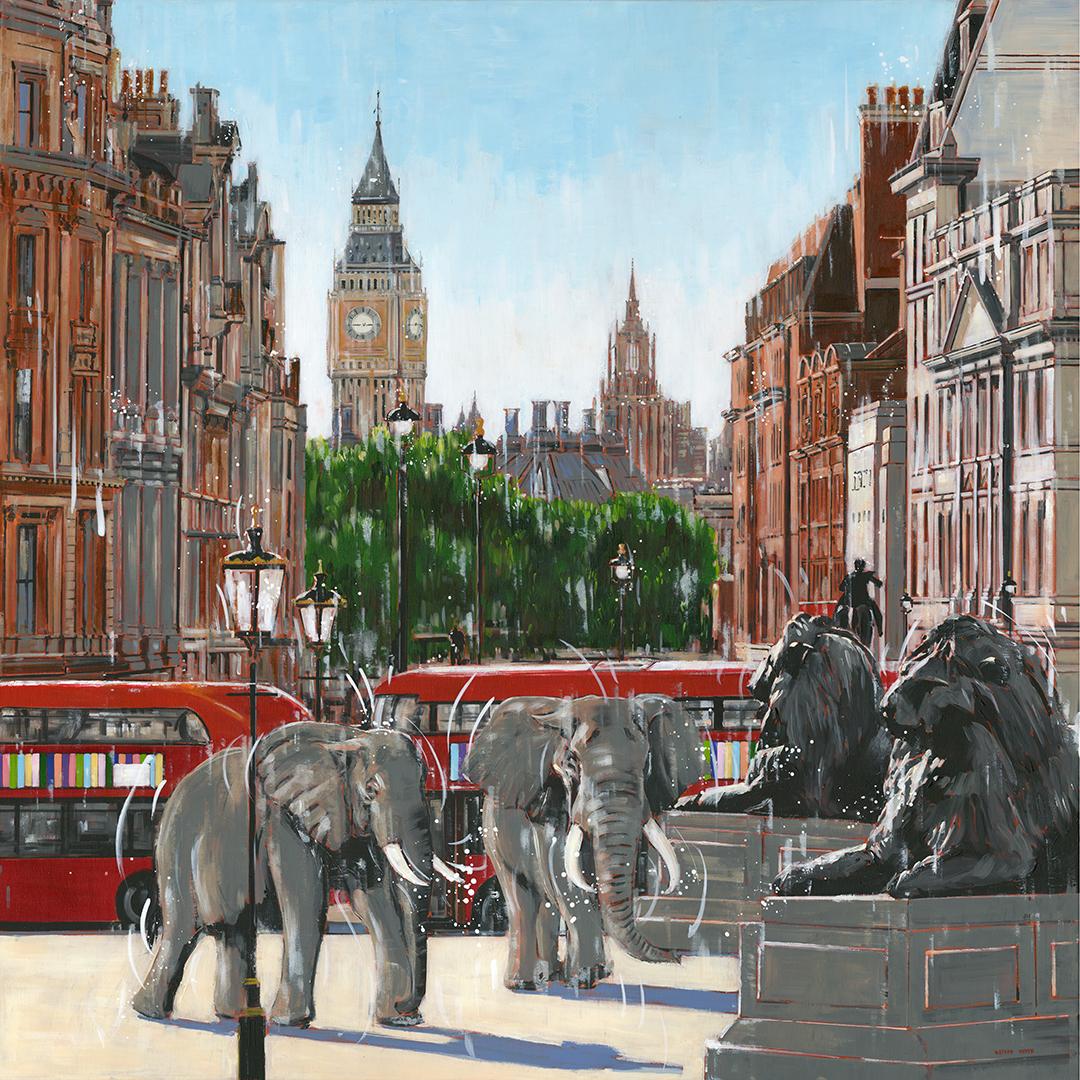 Nathan Neven Animal Painting - Trafalgar Square-original surreal wildlife cityscape painting- contemporary art