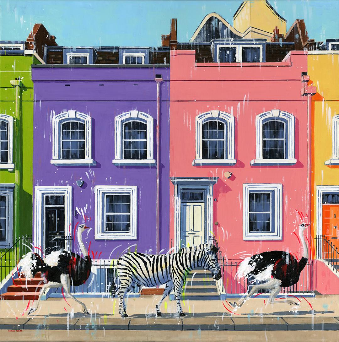 Ungewöhnliches Sonntag – Original Londoner Stadtansicht der Tierwelt, Ölgemälde – moderne Kunst