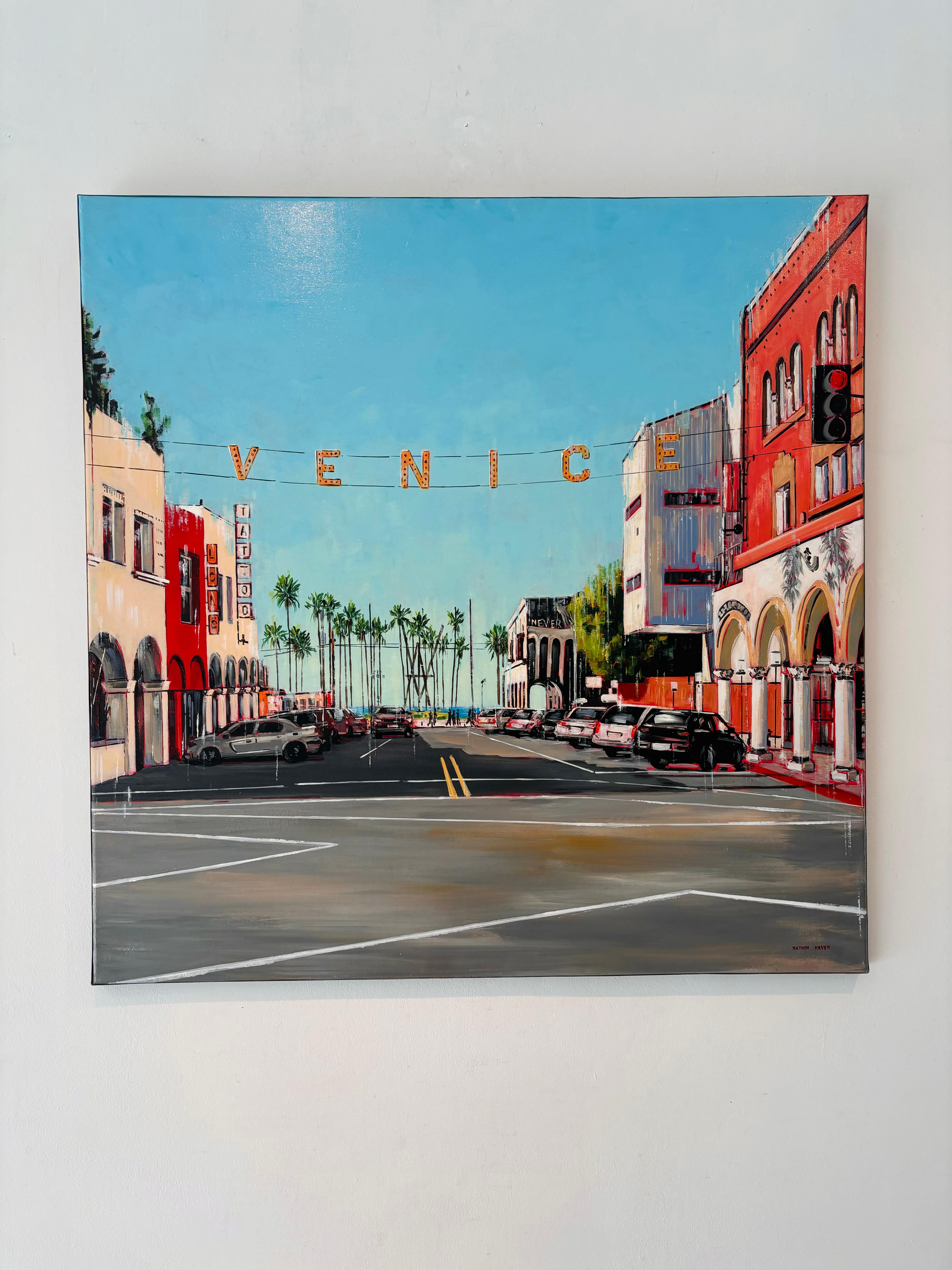 Plage de Venise  - peinture à l'huile contemporaine réaliste - art du paysage urbain - œuvre d'art moderne - Réalisme Painting par Nathan Neven