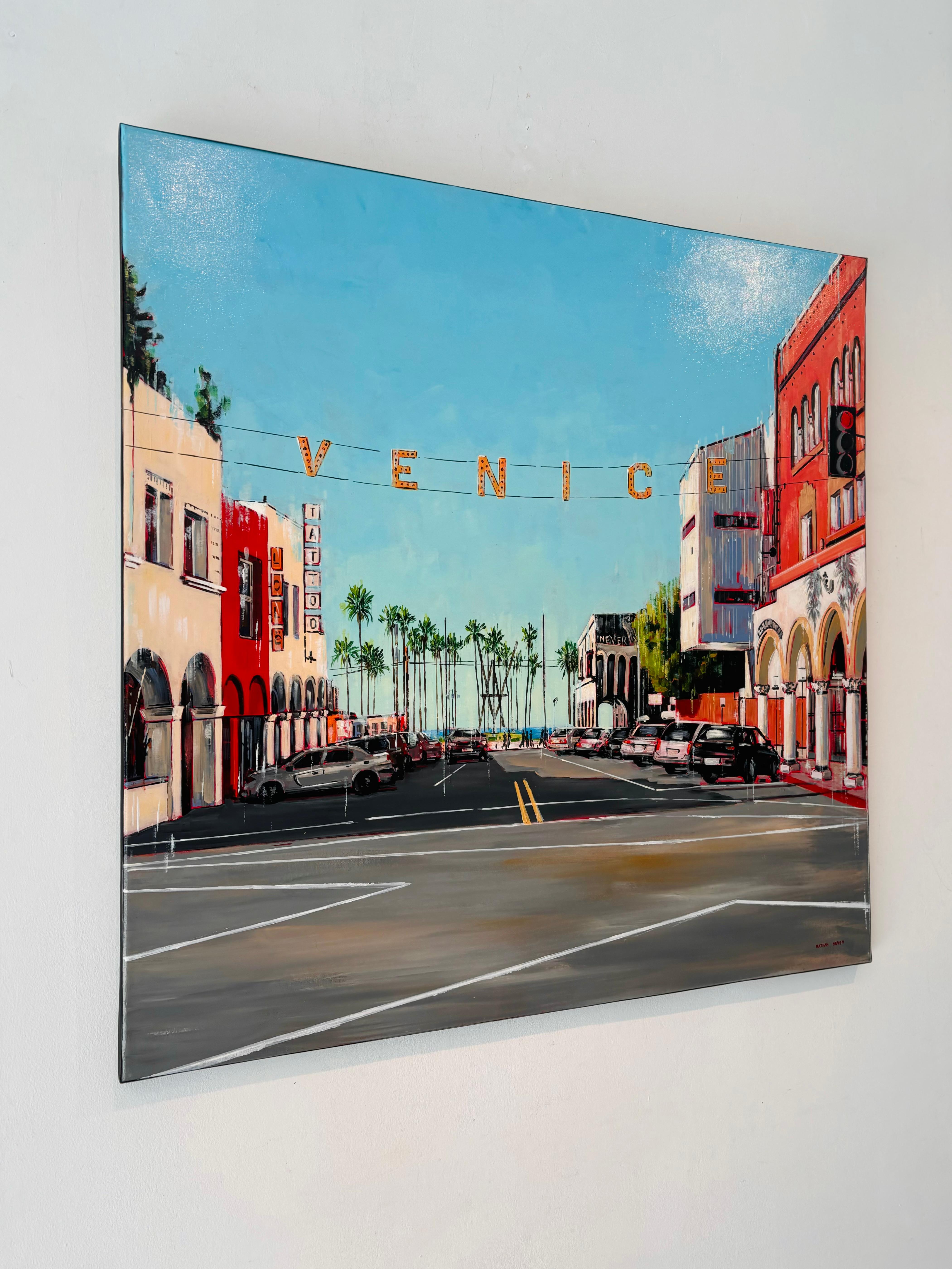 Plage de Venise  - peinture à l'huile contemporaine réaliste - art du paysage urbain - œuvre d'art moderne - Bleu Landscape Painting par Nathan Neven