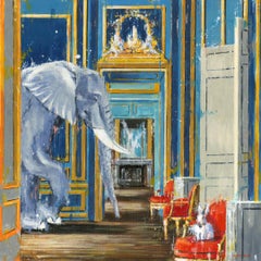 Waltz Around the Room - original wildlife elephant interior oil painting modern